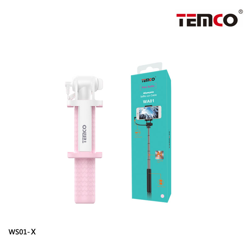 TEMCO Palo Selfie de Aluminio con Cable Azul, Rosa y Negro, Monopode para Movil con Entrada Aux 3.5mm, Extensible de 15cm hasta 51cm, Compatible para Moviles con Samsung, Xiaomi, Oppo, Iphone 6 s