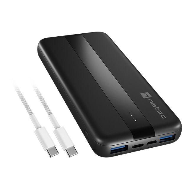 Natec - Batería portátil Power Bank TREVI SLIM QV2 de 10000 mAh con puertos USB-A x2 y USB-C, Power Delivery y Quick Charge 1.0, diseño delgado de 16 mm y ligero (240 g) para viajes y uso diario
