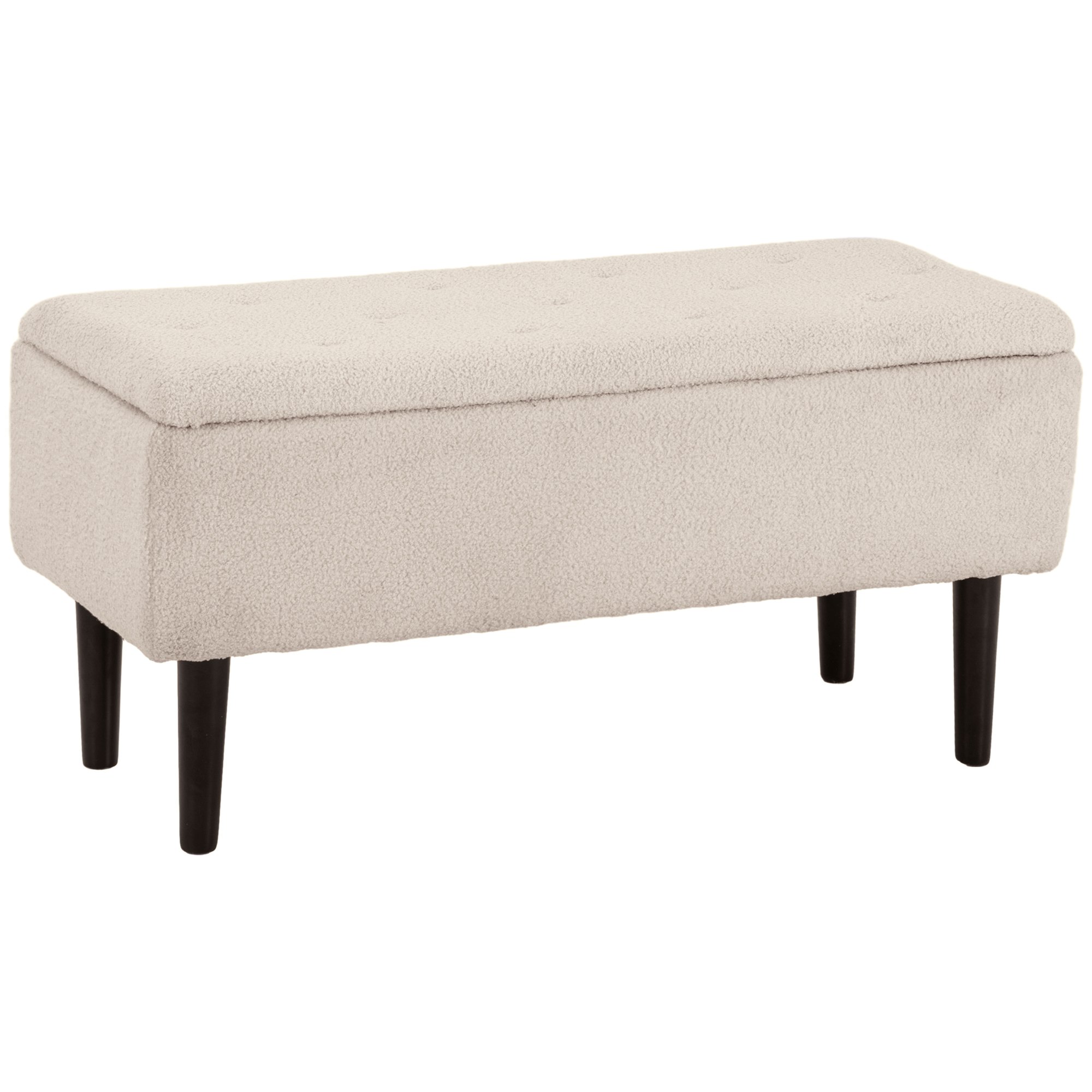 HOMCOM Puff Almacenaje, Banco Almacenaje Plegable, Capacidad de 57 L, 95x38x45 cm, Tapizado en Borreguito, Pie de Cama con Tapa Abatible y Patas de Madera, para Salón, Dormitorio, Entrada, Crema