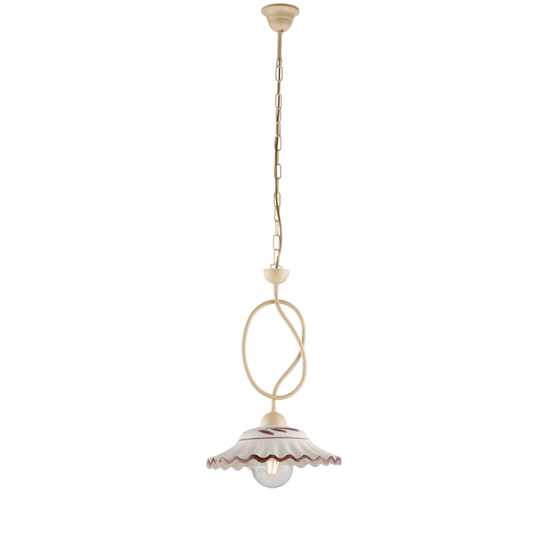 Lámpara de araña Bistrot en hierro lacado marfil y decoraciones. Efecto decapé con difusor cerámico d. 30 blanco y marrón 1 luz 105 Ø30 - Belight