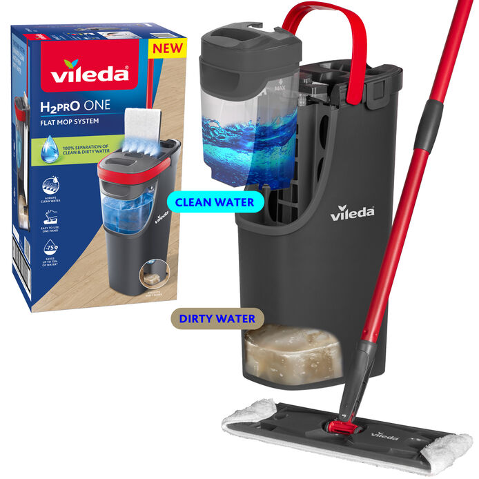 Vileda Mopa H2PRO Flat Mop o H2PRO Flat Mop + 2 Recambios | Limpieza avanzada con separación de agua limpia y sucia | Tecnología que ahorra agua y microfibra eficiente para suelos impecables | Diseño ergonómico | uso sin esfuerzo y almacenamiento compacto