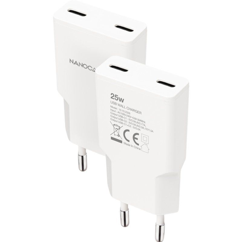 NANOCABLE 10.10.2026 - Cargador 2xUSB-C/PD 25W, Blanco