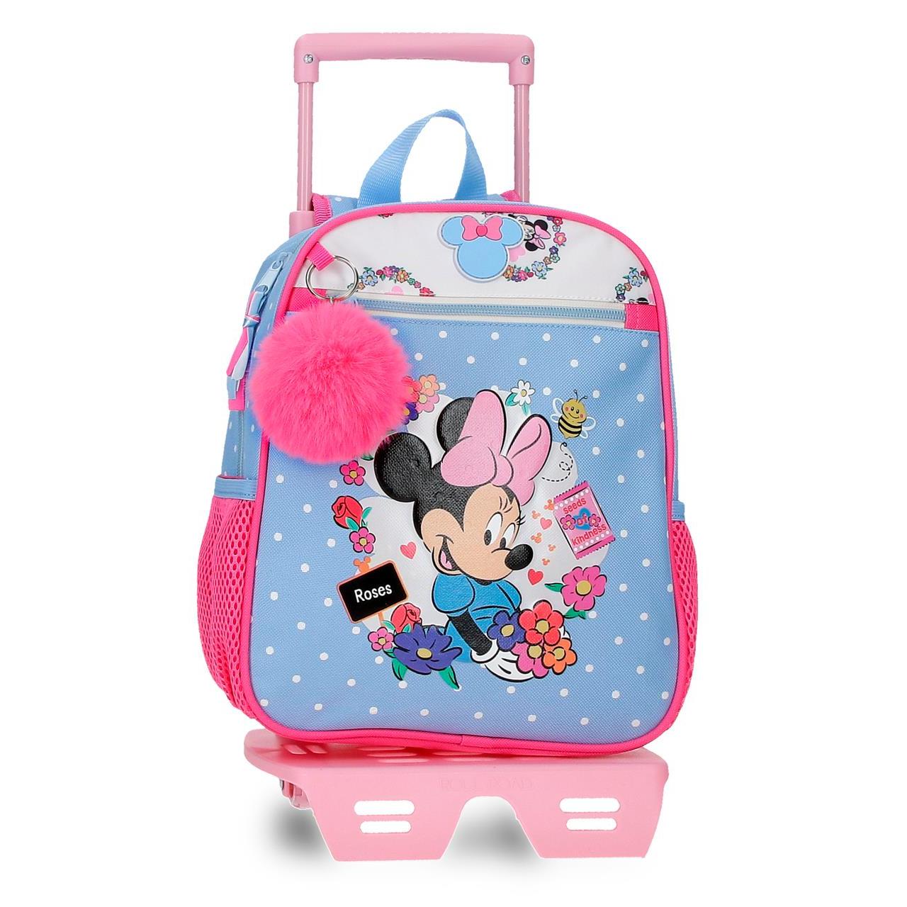 Mochila escolar con carro Minnie Flowers 23x28x10cm Azul Claro