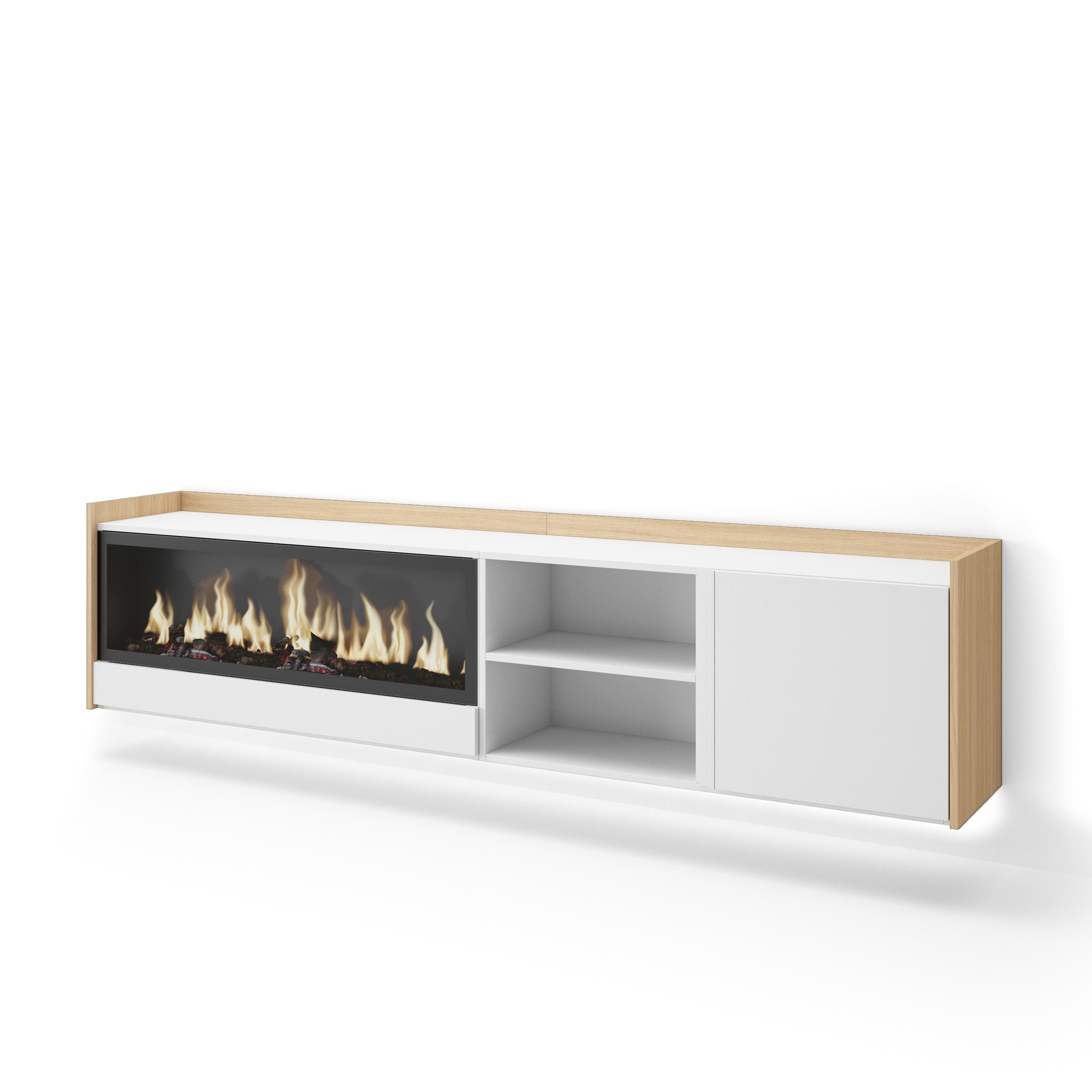 Mueble TV, Televisión, 212x35x50cm, Para TV hasta 80", Chimenea eléctrica XXL, Colgado, Suspendido, LED