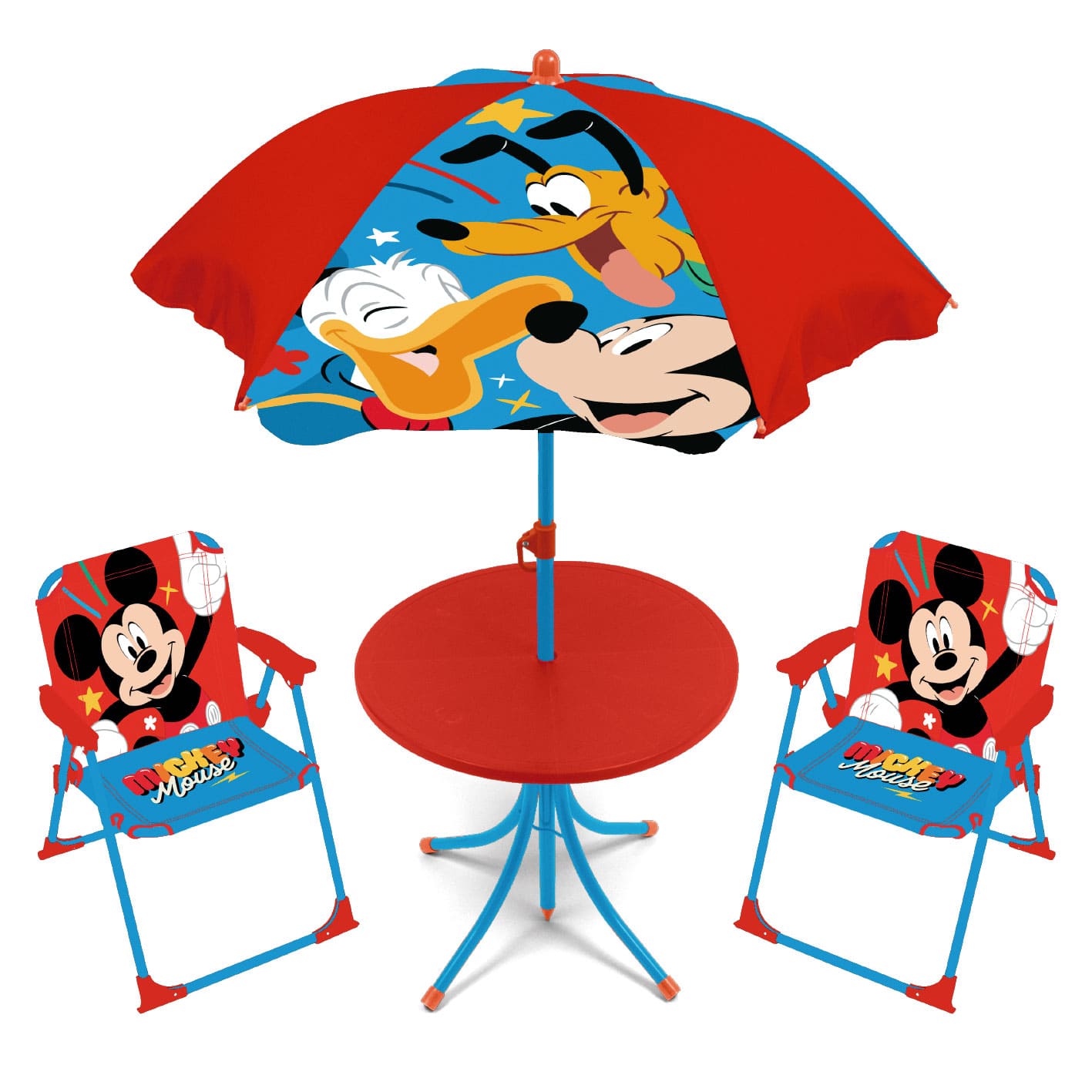 Arditex - Set Mesa Sombrilla Sillas - SET DE MESA (50X50X48CM), 2 SILLAS (38X32X53CM) Y SOMBRILLA (DIÁMETRO 110CM) de Minnie, Patrulla Canina, Mickey, Spiderman tanto para interiores como exteriores