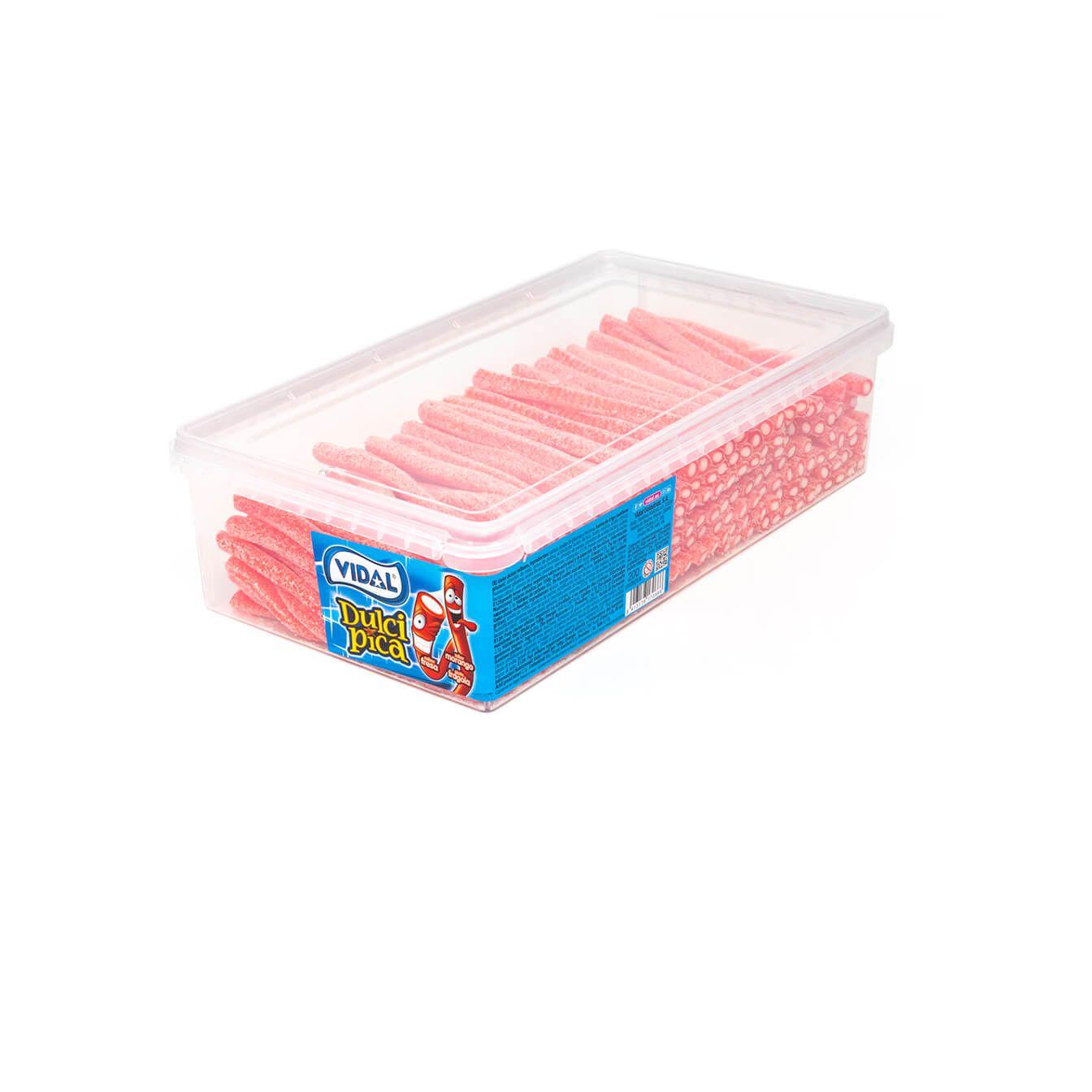 Vidal Dulcipica diferentes sabores en bandeja 1,4 Kg - Delicioso regaliz de golosina de intenso sabor a elegir entre: melocotón, melón, fresa, cola y multicolor relleno y con cobertura de polvos pica pica.