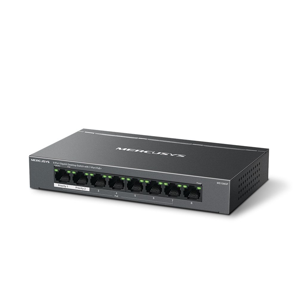 HUB Switch puertos 8 MERCUSYS MS108GP | Gigabit Ethernet (10/100/1000), Auto-Negociación, Auto-MDI/MDIX, Negro