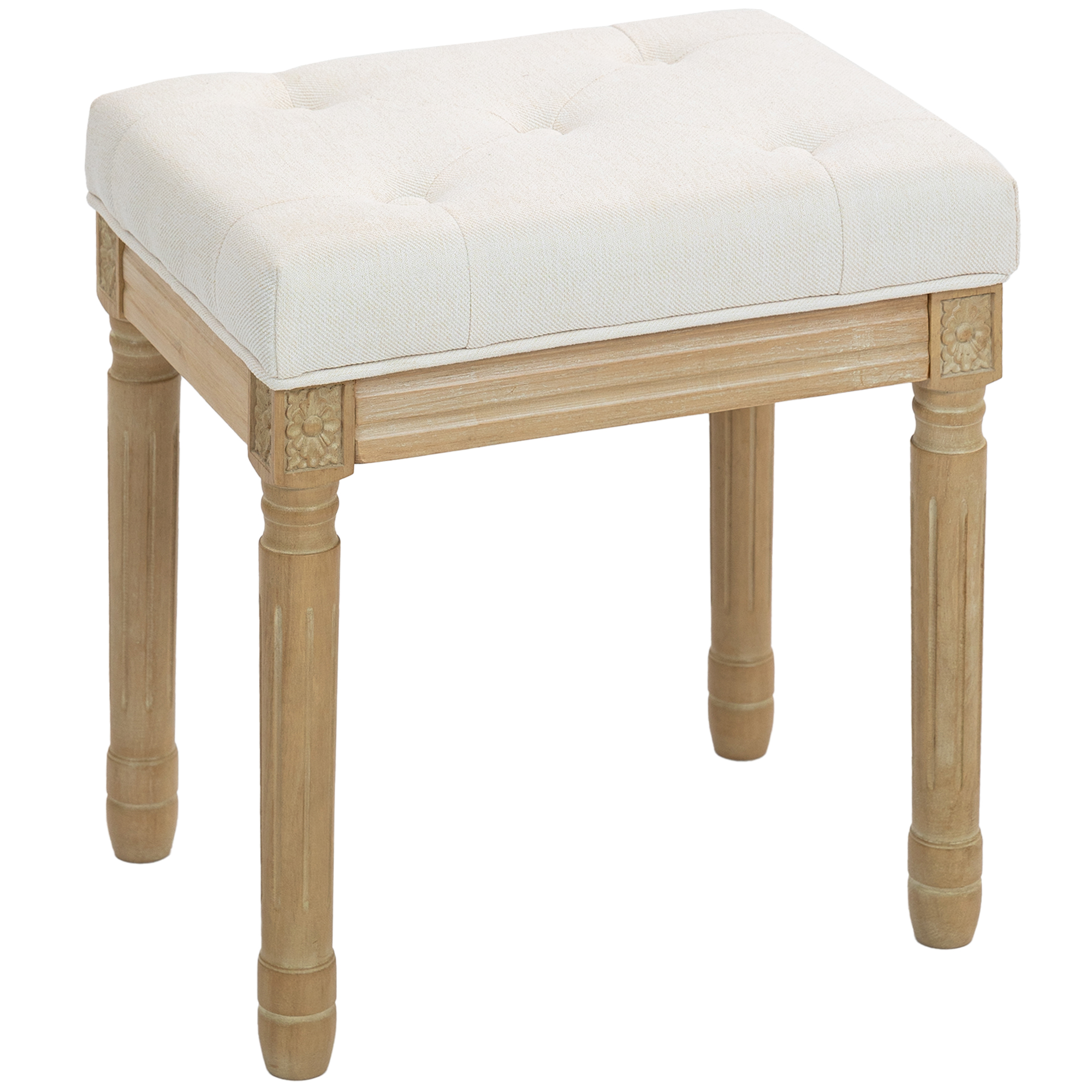 HOMCOM Reposapiés Salón Rústico, Taburete Bajo Tapizado en Lino Sintético con Patas Talladas de Madera, Otomana para Dormitorio, Sofá, Beige