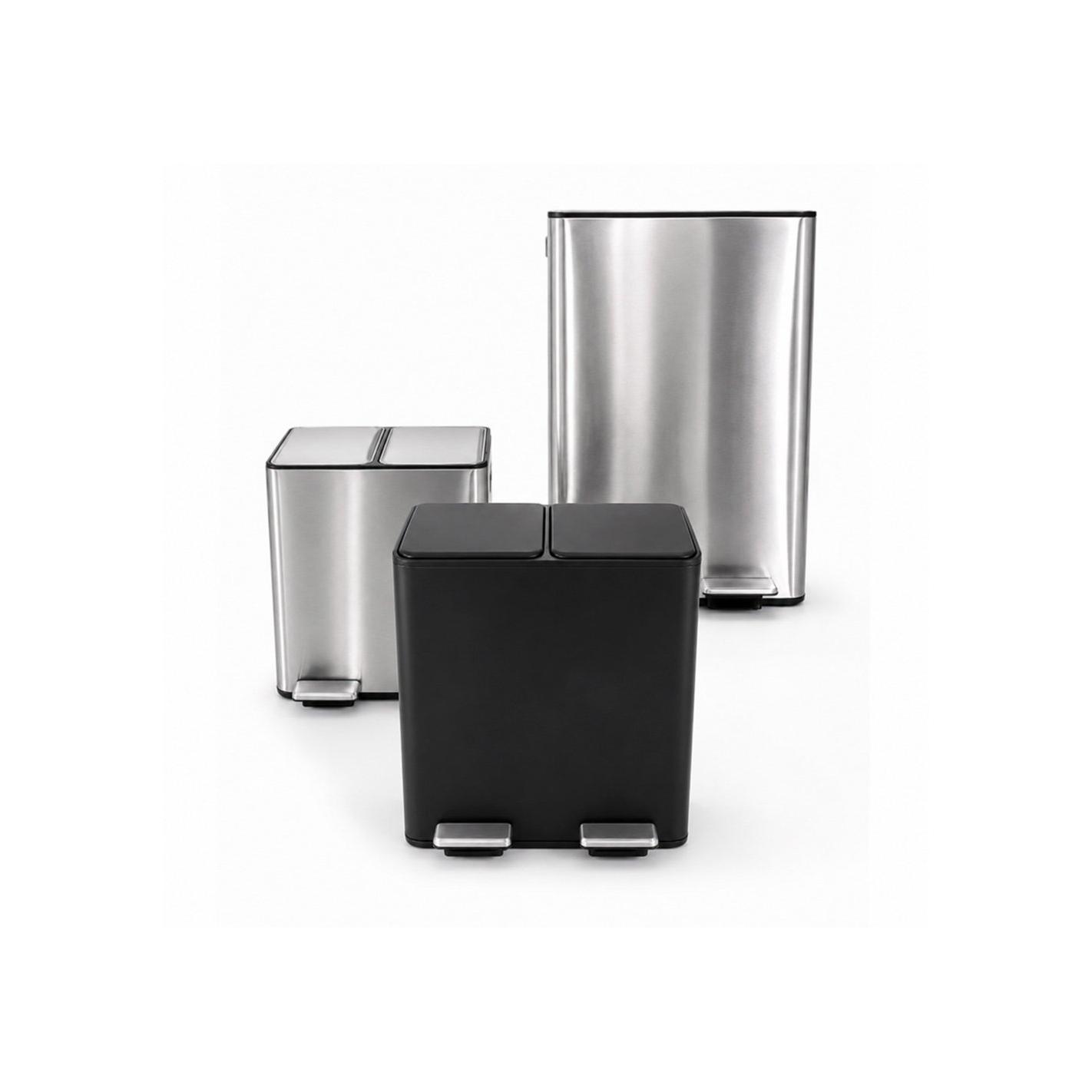 Cubo reciclaje doble pedal | Acero Inoxidable y Negro Mate | Cubo de Basura Doble Compartimento | Para Cocina y Exterior