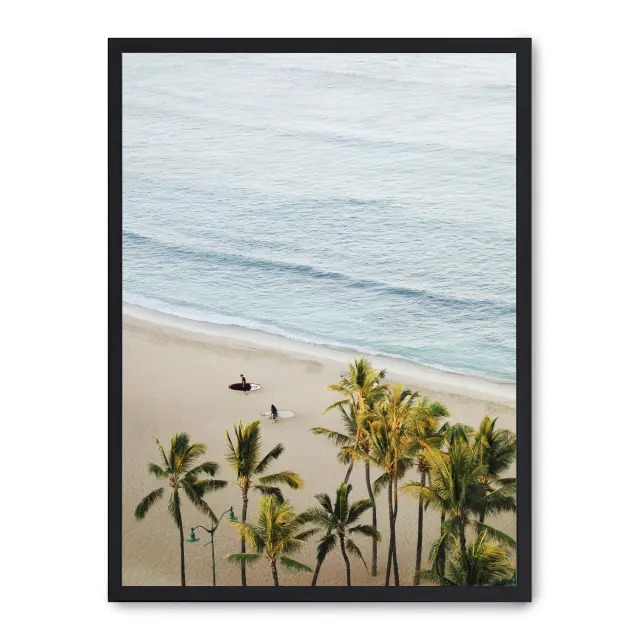 Cuadro surf, sea and palm trees i 30x40cm, Póster impreso en papel de primera calidad de 180gr, montado sobre marco de madera MDF acabado en negro., Naturaleza - Playa