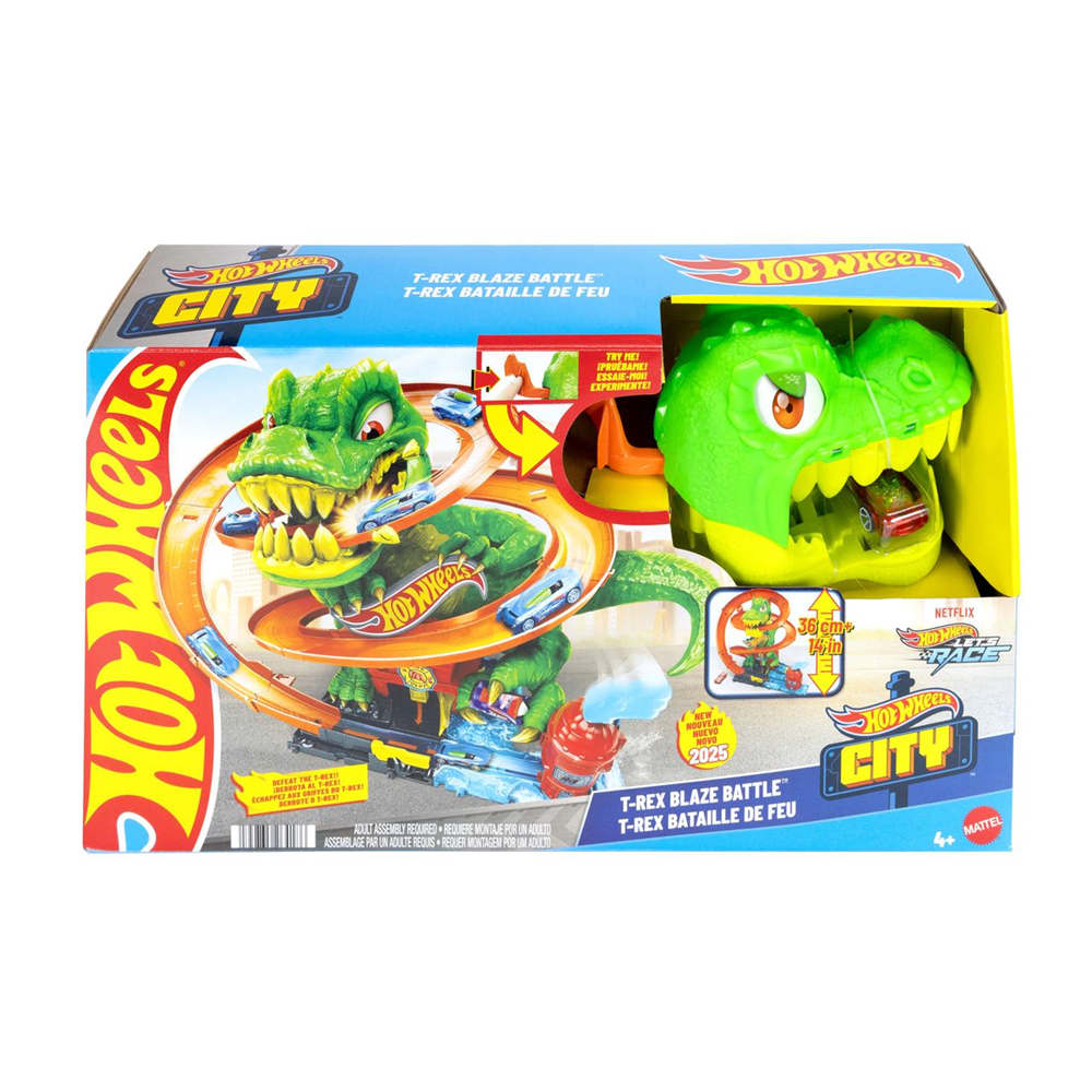 Hot Wheels - Pista Hot Wheels City Super estación de Bomberos T-Rex. Incluye un vehiculo. (JBM73)