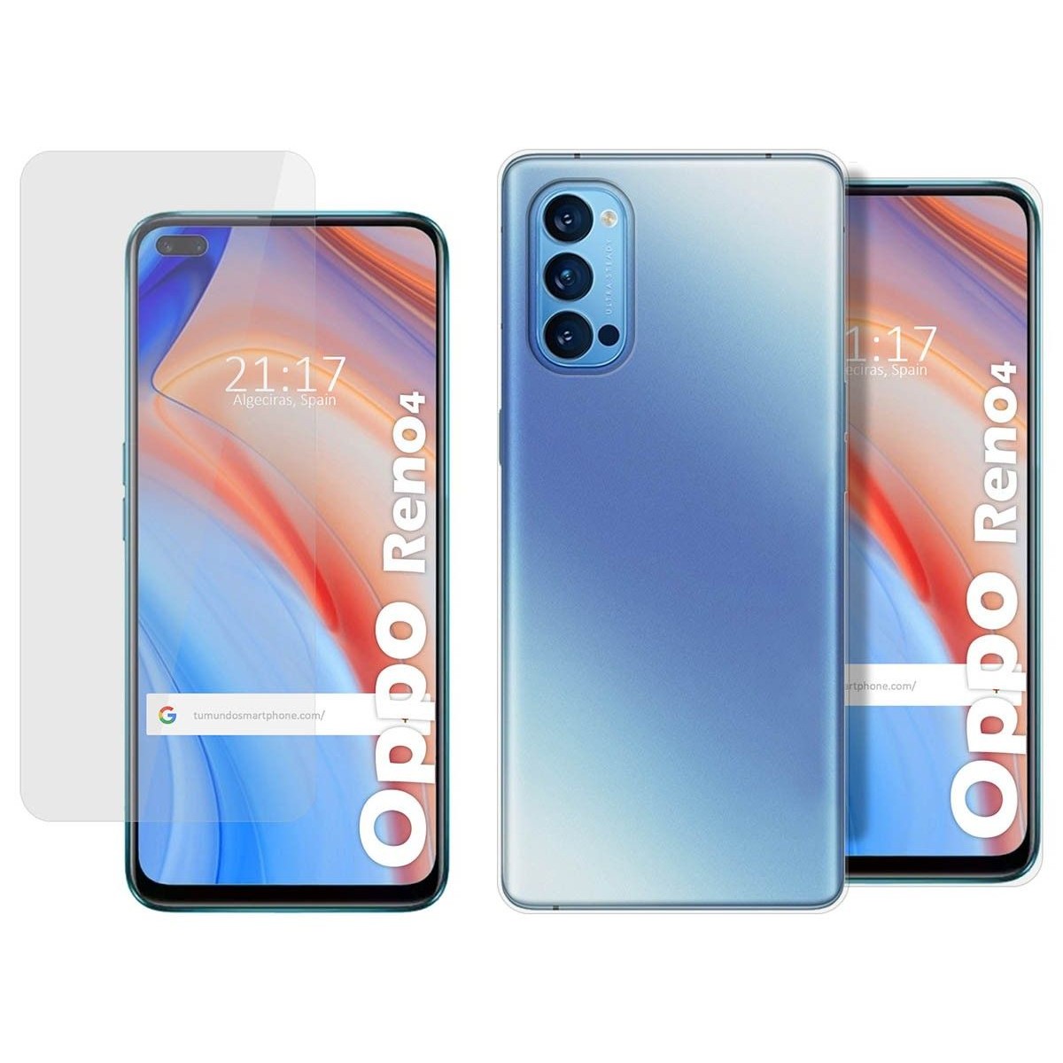 Tumundosmartphone Pack 2 en 1 Funda Gel Transparente + Protector Cristal Templado para Oppo Reno 4 5G - Protección Completa