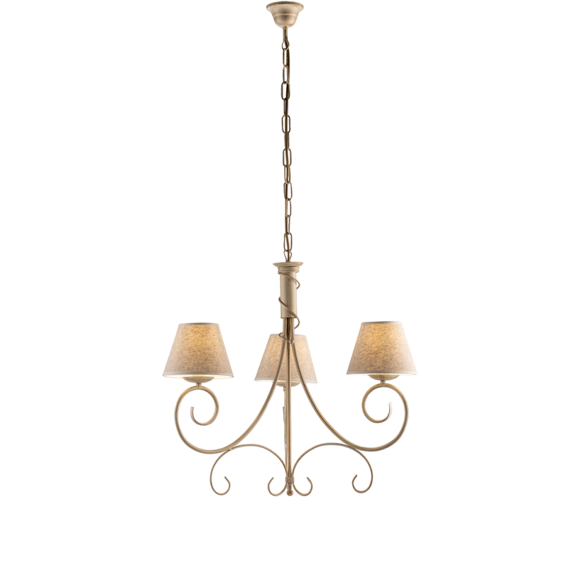 Lámpara de araña vienesa en hierro lacado marfil con decoración. Oro antiguo y pantallas de lámparas d. 13 en PVC efecto tela de yute 3 luces 118 Ø52 - Belight