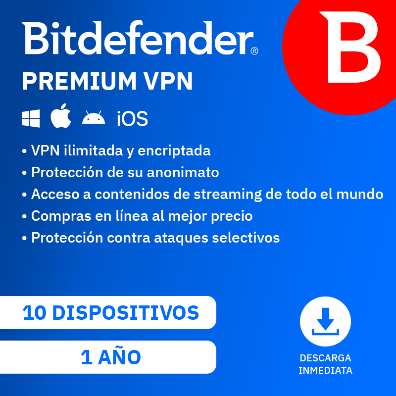 Bitdefender Premium VPN 2023 (10 dispositivos - 1 año - PC/Mac/Móvil - Formato Digital)