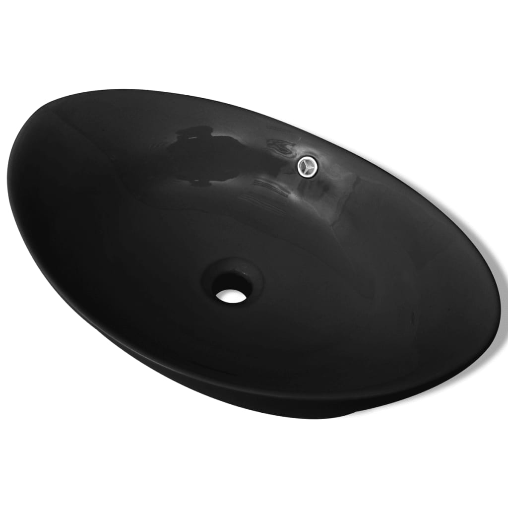 vidaXL Lavabo Oval de cerámica negra de lujo con desagüe, 59 x 38,5 cm