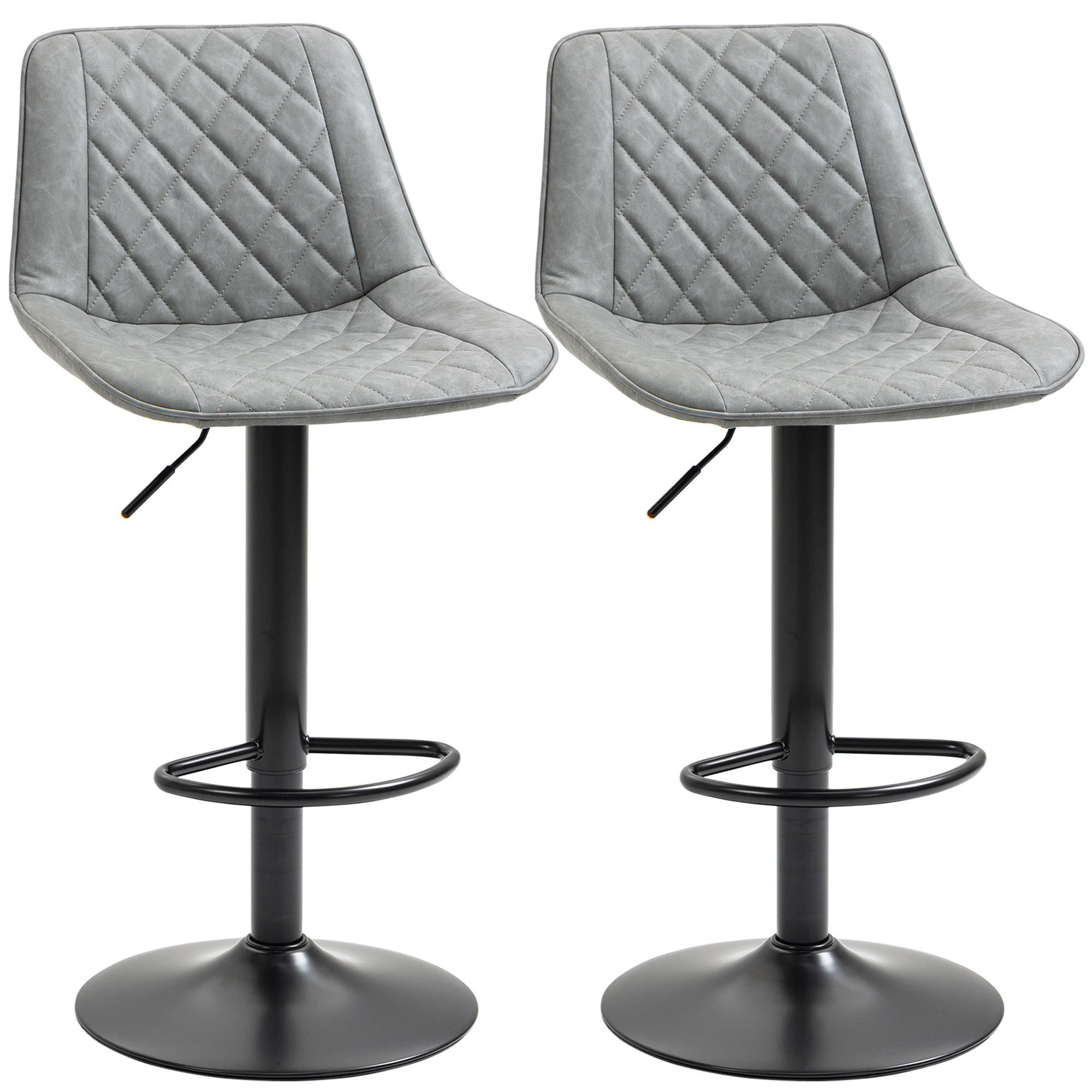 HOMCOM Juego de 2 Taburetes de Bar Giratorios, Taburetes Altos de Cocina con Altura Ajustable 86-106 cm, Sillas Altas de Cocina, Tapizada en Cuero Sintético, Respaldo y Reposapiés, Gris