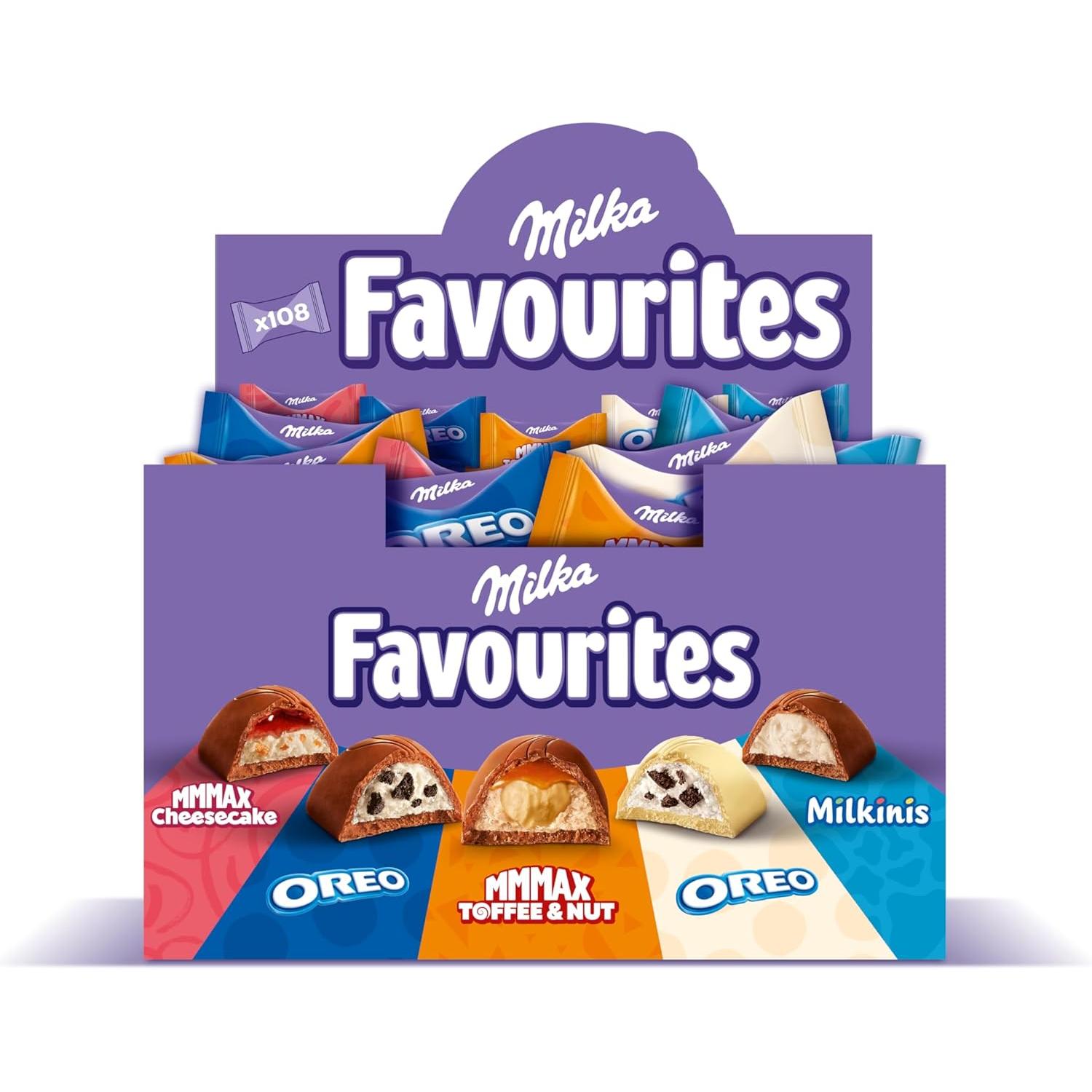 Milka Favourites Surtido de Bombones Individuales - Milka Moments - Mix de 5 Sabores: CheesCake, Oreo, Oreo White, Toffee Nuez y Milkinis - Caja de Mini Chocolatinas 1kg 108 Unidades
