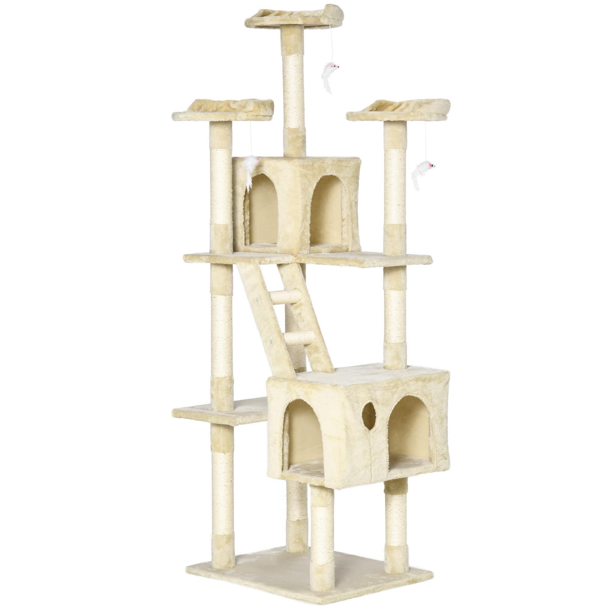 PawHut Rascador Árbol para Gatos Grande 60x49x180 cm con Poste de Arañar Múltiples Plataformas Escaleras Cuevas Juguetes Centro de Actividades Beige