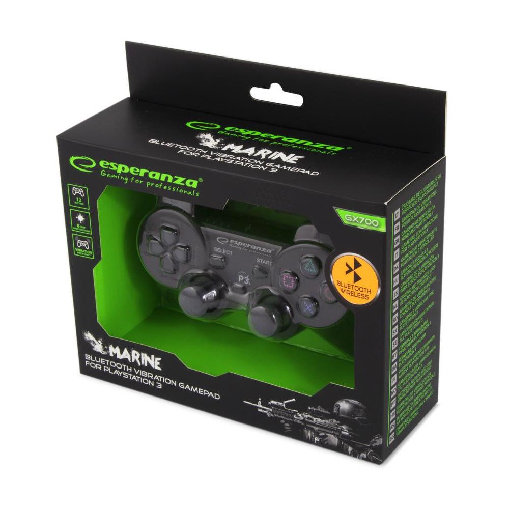 Esperanza EGG109K Gamepad PS3 Black, wireless controller with 12 buttons, analog/digital control, compatible with PlayStation 3 and various Windows versions, ideal for gaming with vibration feedback.