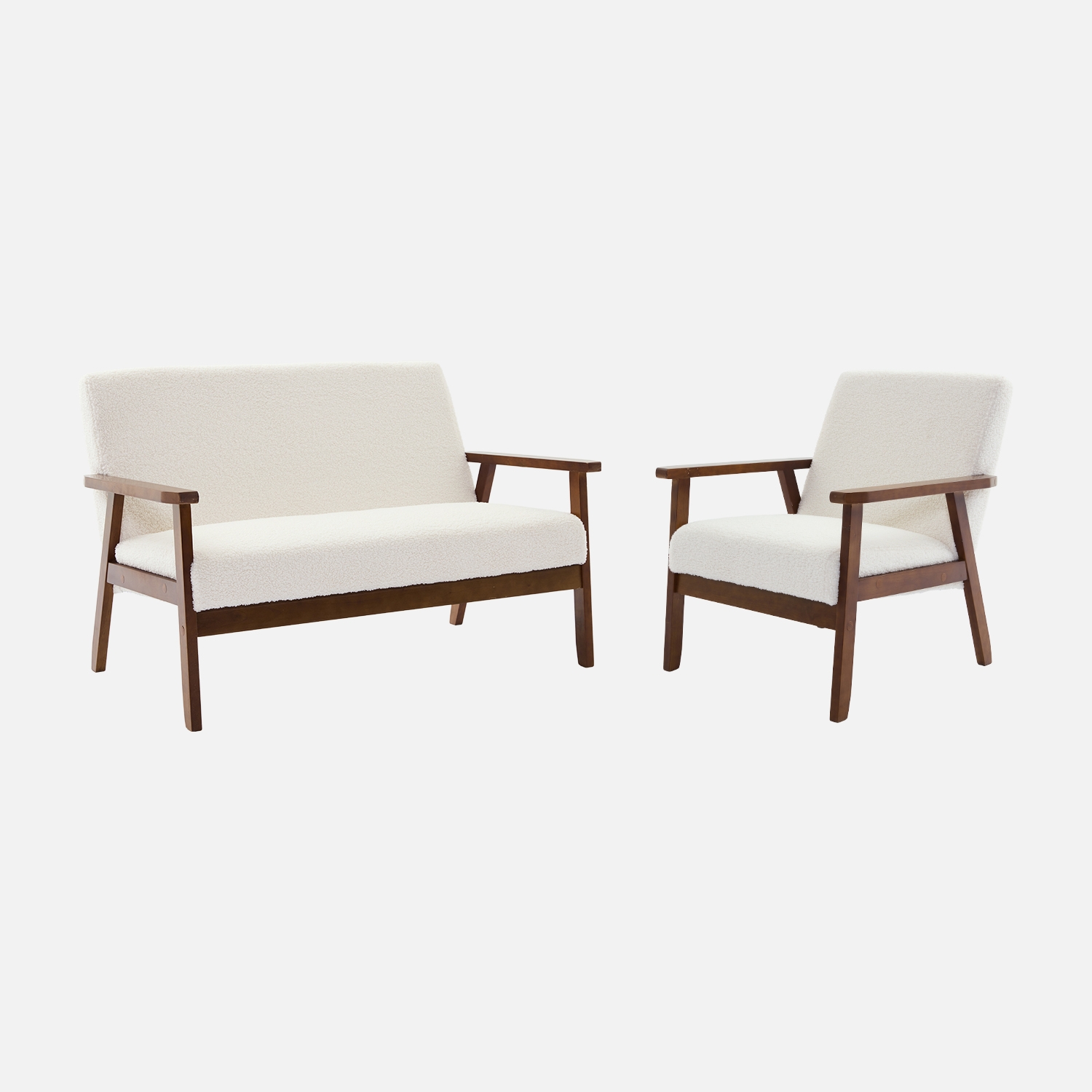 sweeek - Sofá y sillón 2 plazas en tejido borreguito, patas teñidas madera oscura , Isak borreguito , 114x69x73