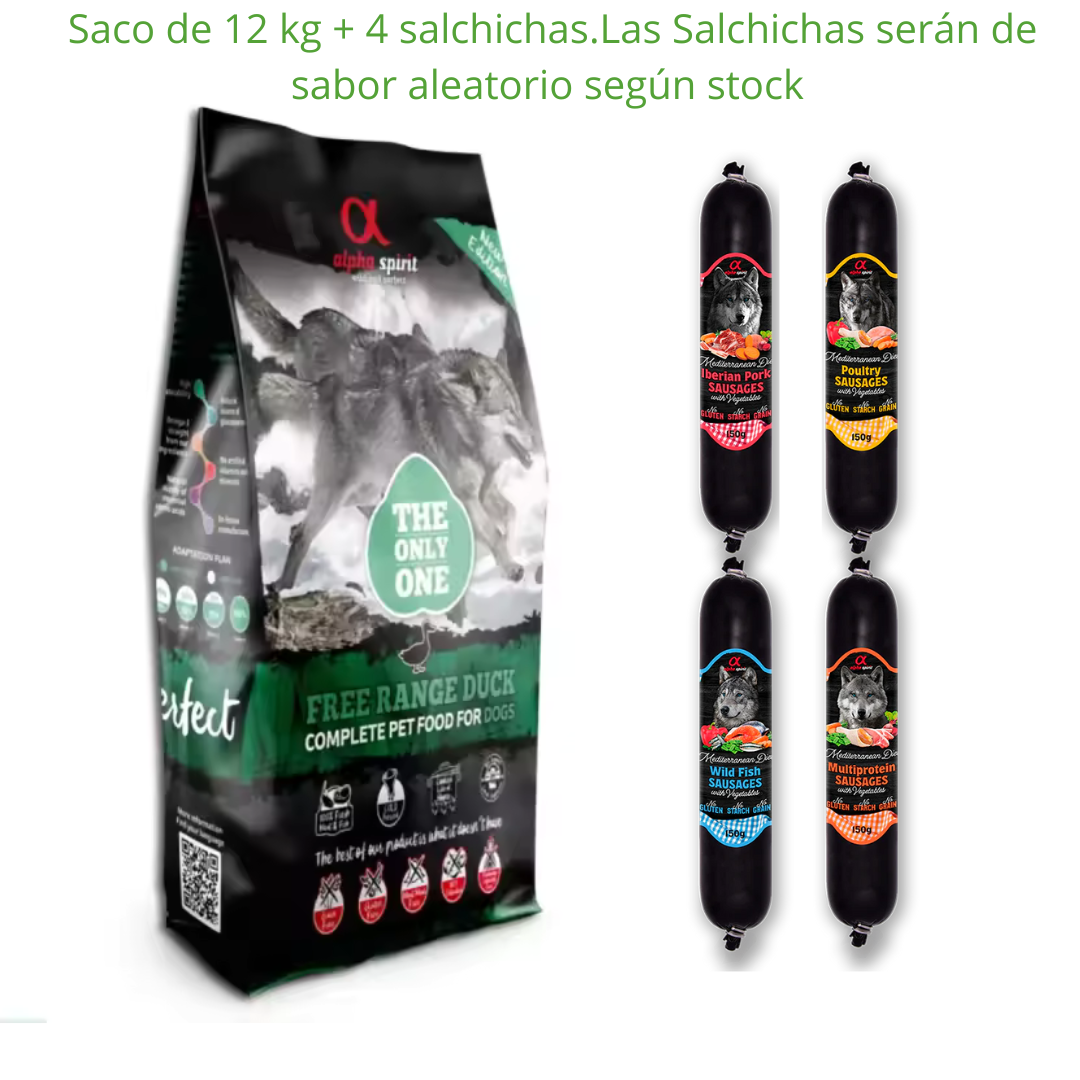 Alpha spirit alimento the only one pato 12kg + 4 Salchichas 150 g Alimentos secos para perros