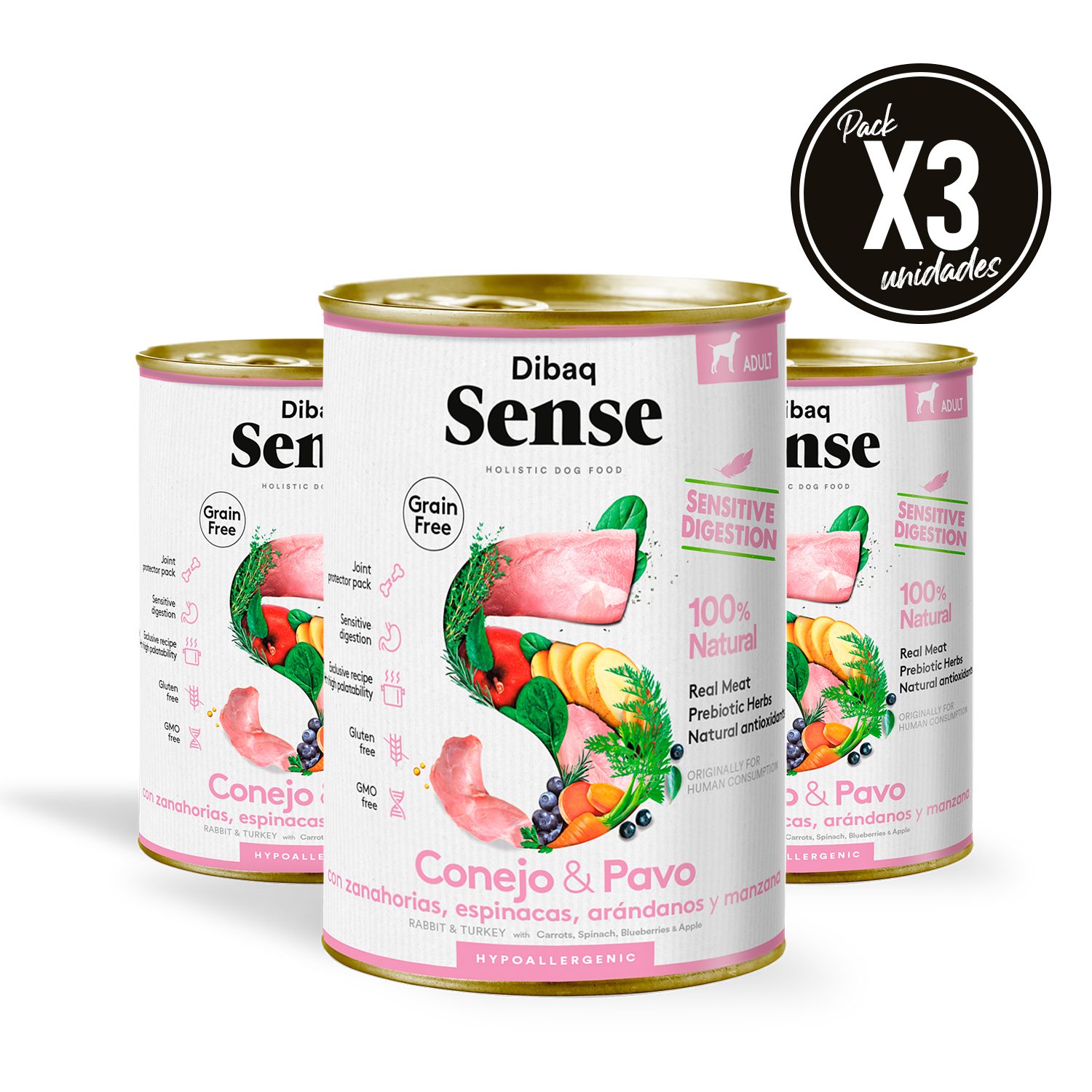 Dibaq Sense Dog,  comida húmeda, conejo y pavo, sin cereales, pack 3 uds x 380 gr