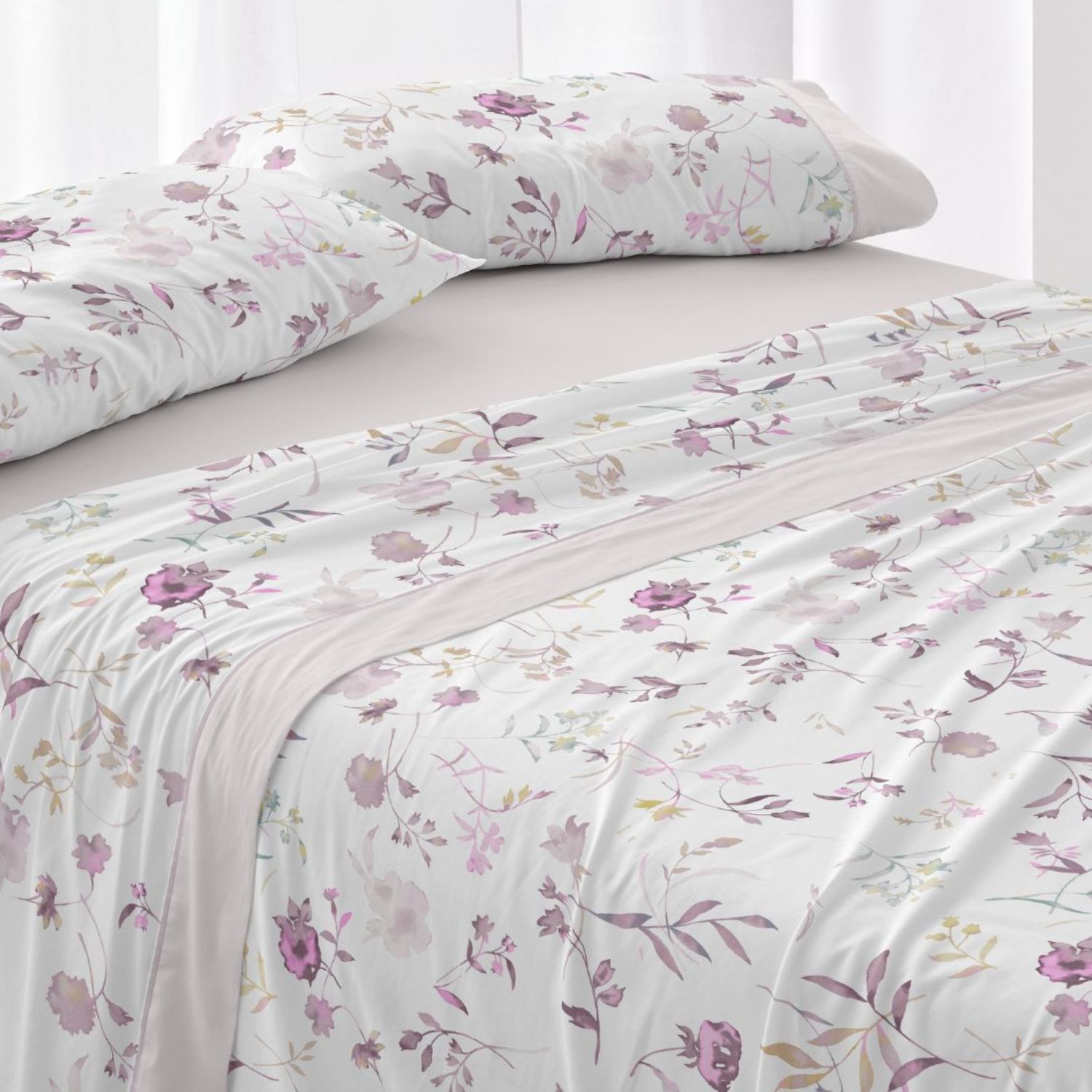 Juego Sábanas BURRITO BLANCO 50% Algodón Diseño Flores Acuarela Azul - Tacto Suave, Fácil Planchado, Alta Durabilidad - Cama 90-200cm