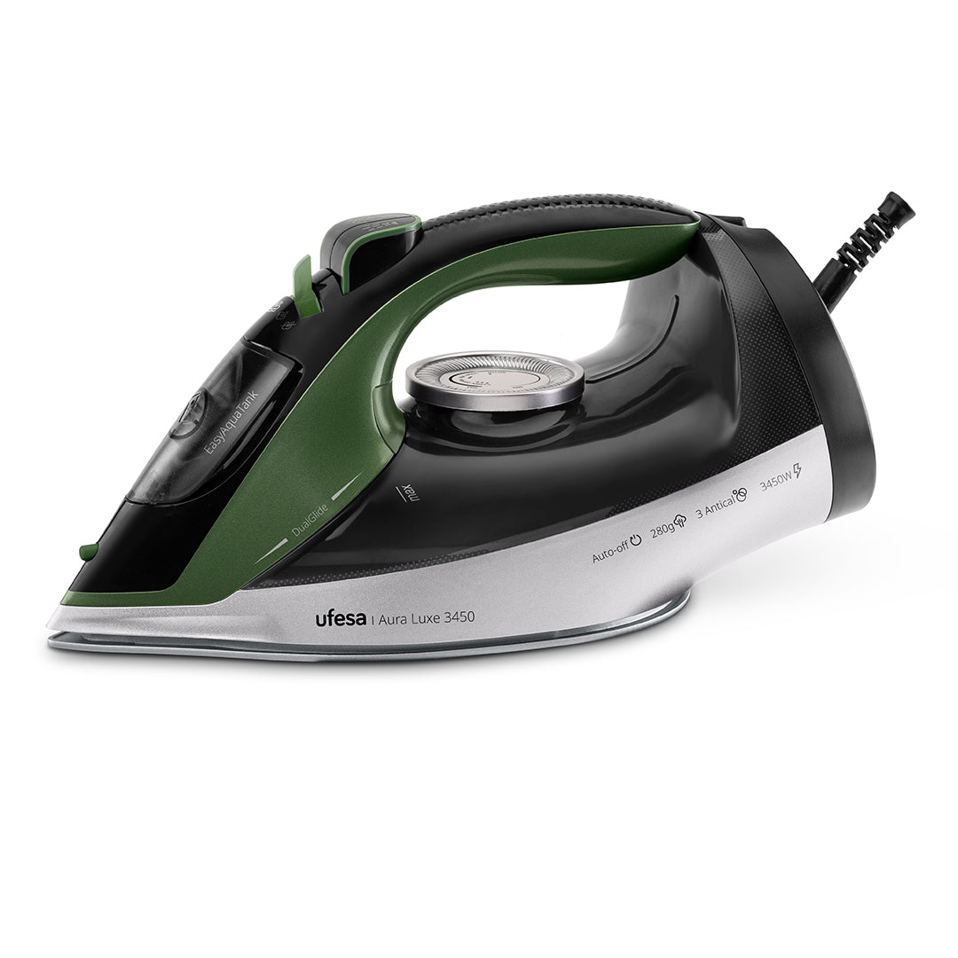 Ufesa - Plancha de vapor Aura Luxe 3450W con golpe de vapor 280g y vapor continuo 55g/min para planchado rápido y eficaz en ropa, vertical y en seco, suela cerámica DualGlide Ceramic, depósito 350ml, sistema 3 antical