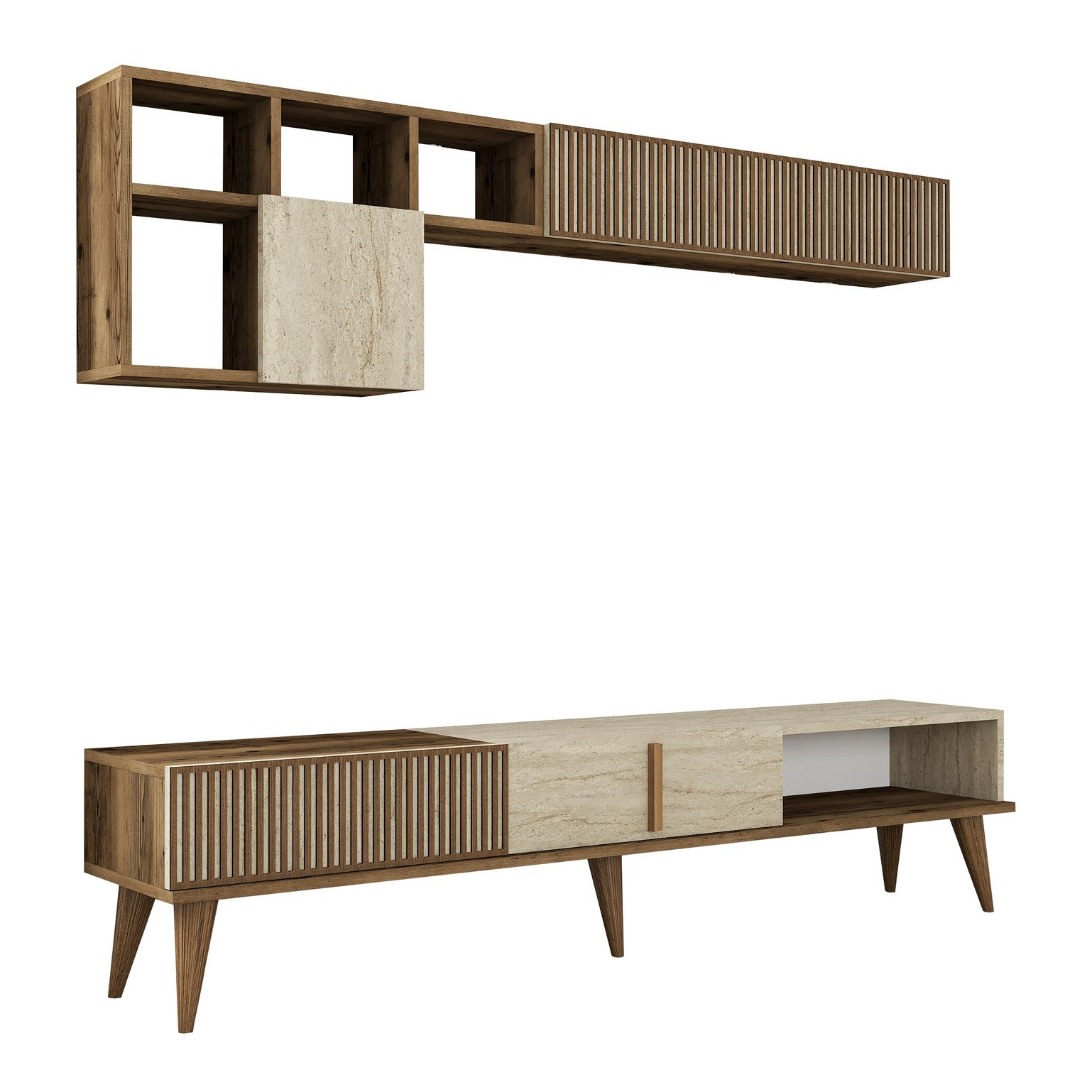 Habitat y Jardin - Soporte de TV de madera "Milan" - 180 x 35 x 40 cm - Nogal, Travertino
