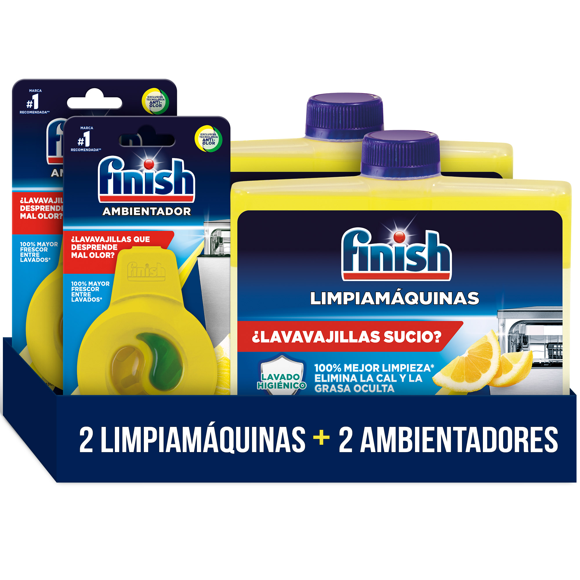 Finish Pack 2 Limpiamáquinas Limón + 2 Ambientadores Lavavajillas Limón