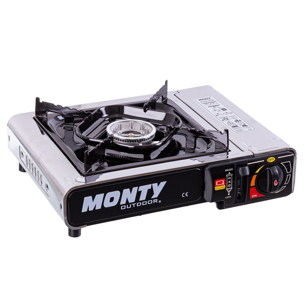 Cocina portátil de Gas con 1 quemador, de Acero Inoxidable Hornillo Camping Gas, incluye maletín de 38x12x29 cm MONTY