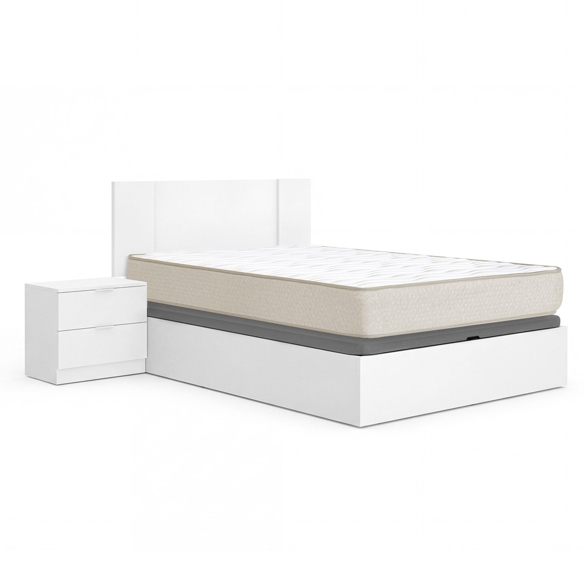 Pack ahorro matrimonio Canapé, Cabecero con 2 Mesitas Flow y Colchón viscoelástico Nova Plus 135 x 190 cm| Montaje Incluido (Solo canapé)