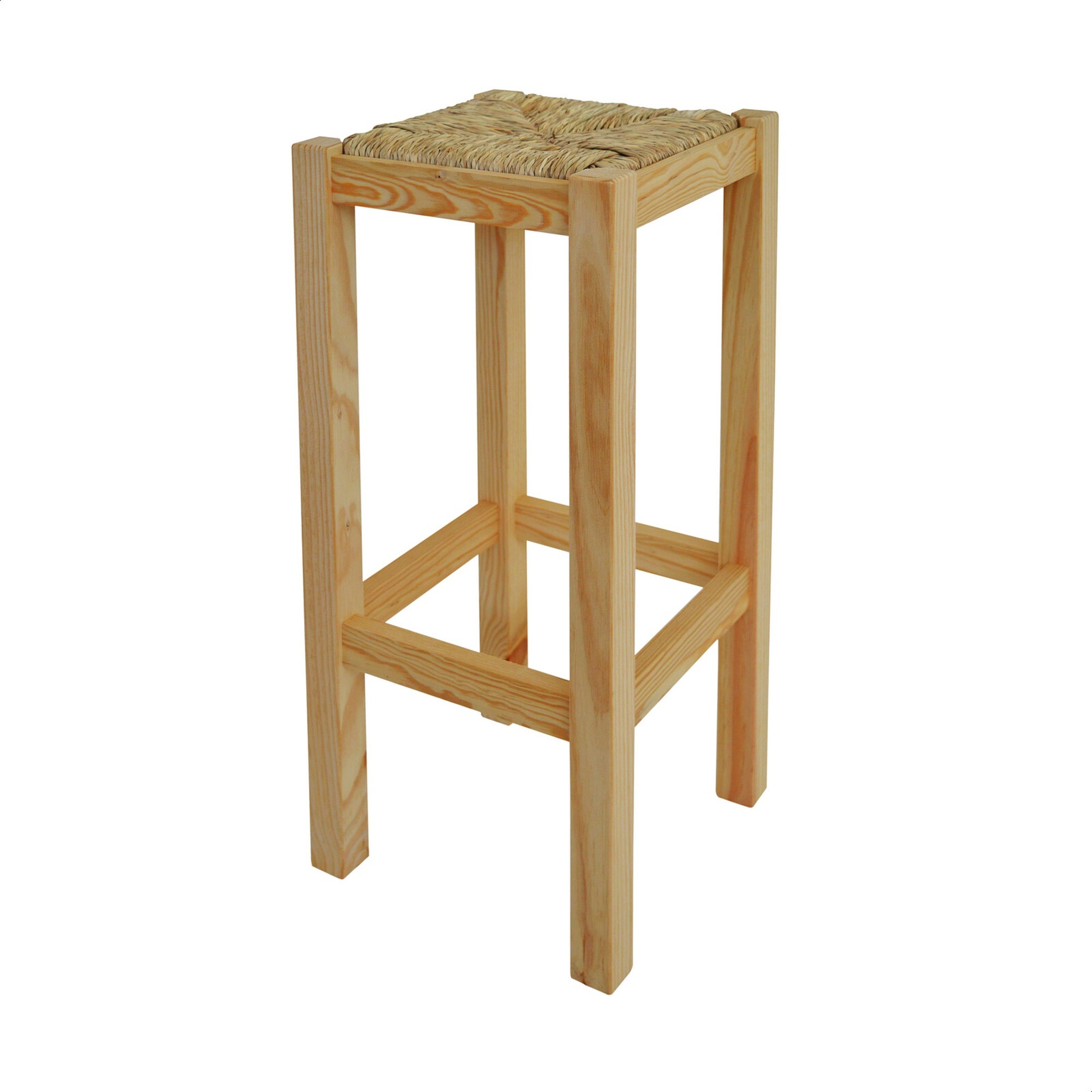 Banqueta Rústica Alta Barniz | Estilo Rústico | Madera de Pino | Asiento de Paja