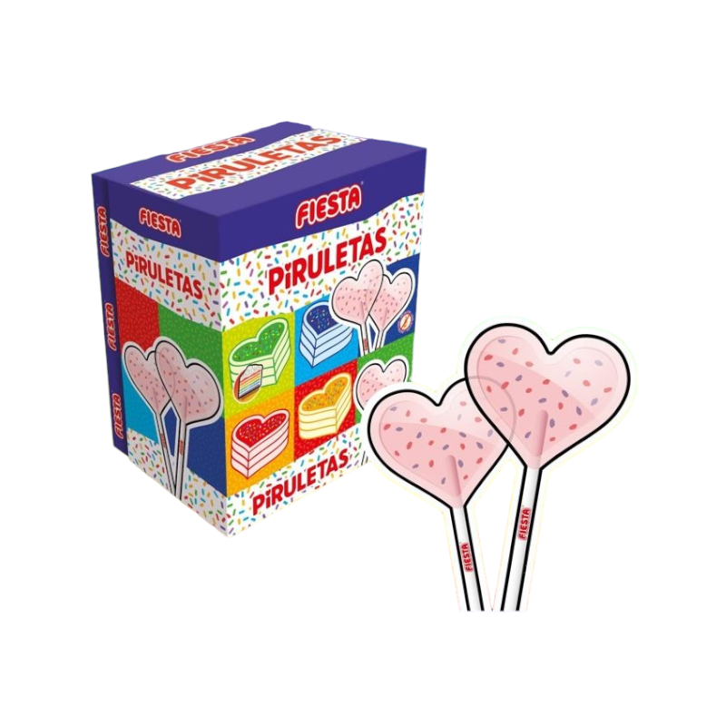 Piruletas Corazon Fiesta - Caja 80 Piruletas - Sabores: Cereza - PintaLenguas - Unicornio - Sandia Confeti. Piruletas Corazon Fiesta