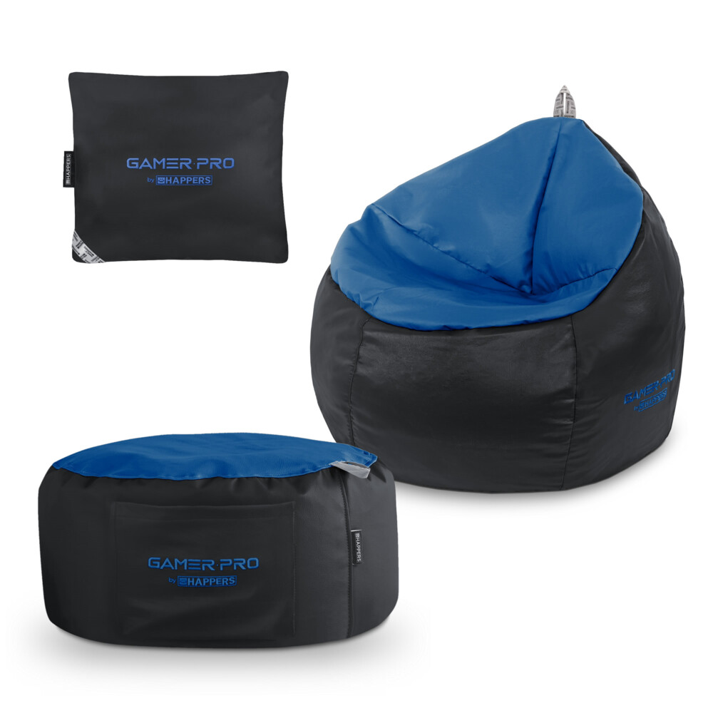 Pack Gamer Junior Azul: Puff Gamer JUNIOR + Reposapies + Cojín HAPPERS - Cómodo, ligero y resistente. Make it Happers®