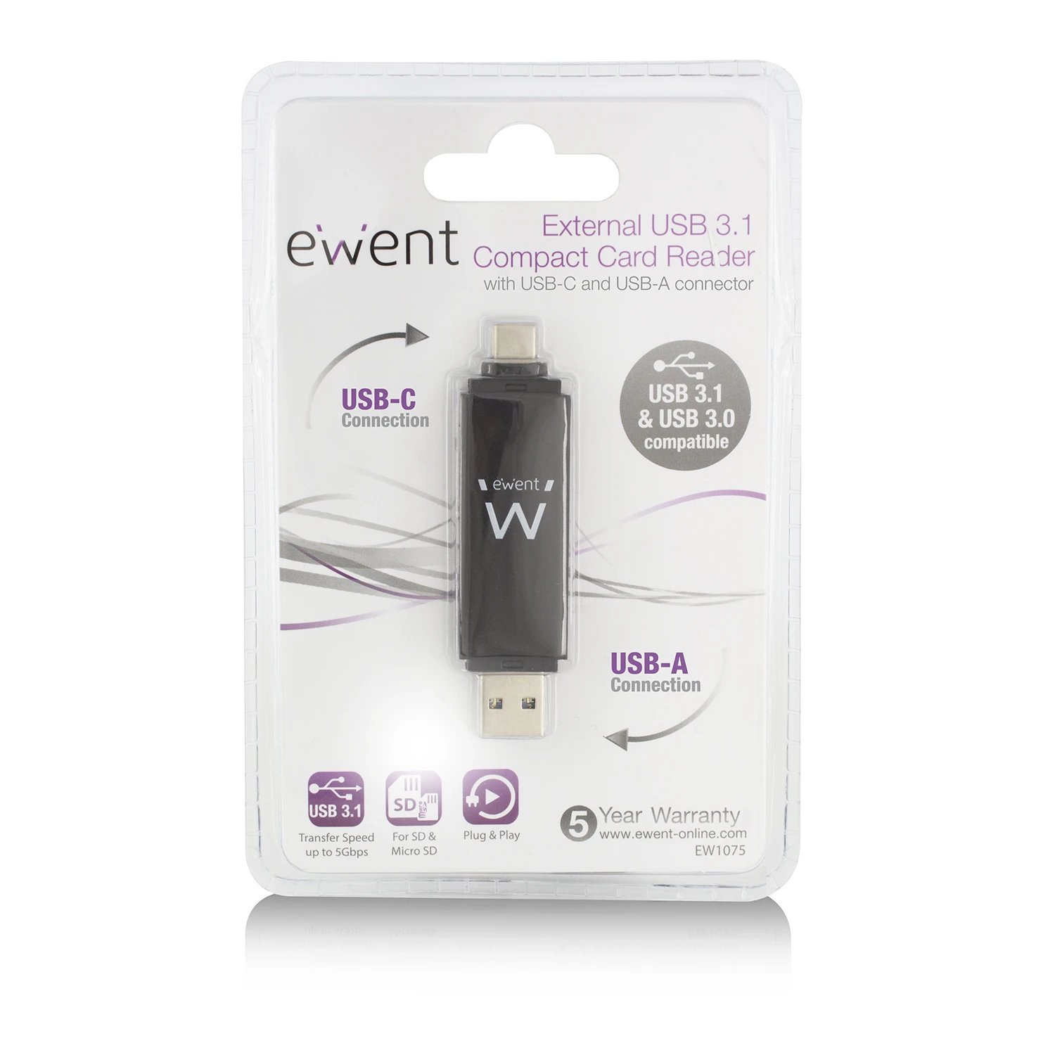 Ewent - Lector de tarjetas multicanal EW1075 con 2 ranuras USB-C y USB-A, compatible con SD/SDHC/SDXC/Micro SD/T-Flash, velocidad USB 3.1 Gen1 hasta 5 Gbit/s
