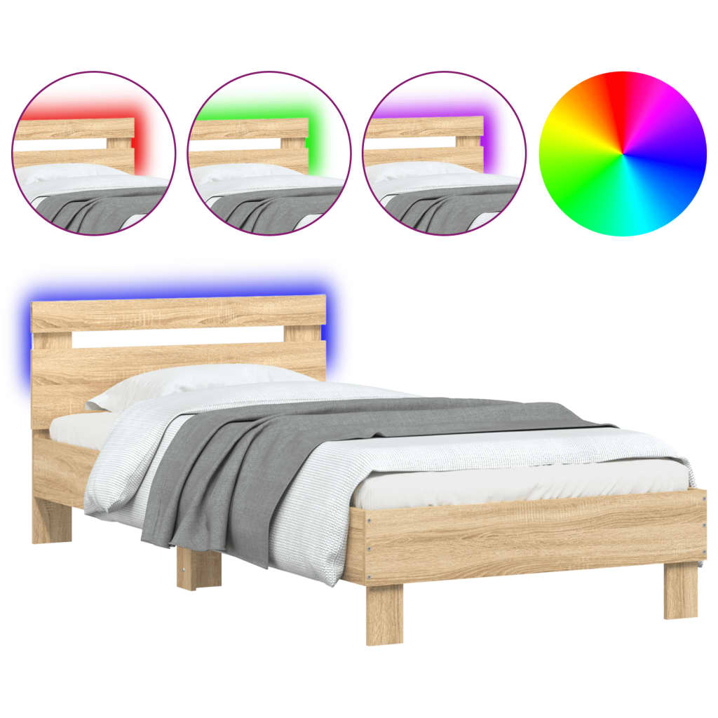 vidaXL Estructura de cama cabecero luces LED roble Sonoma 90x190 cm