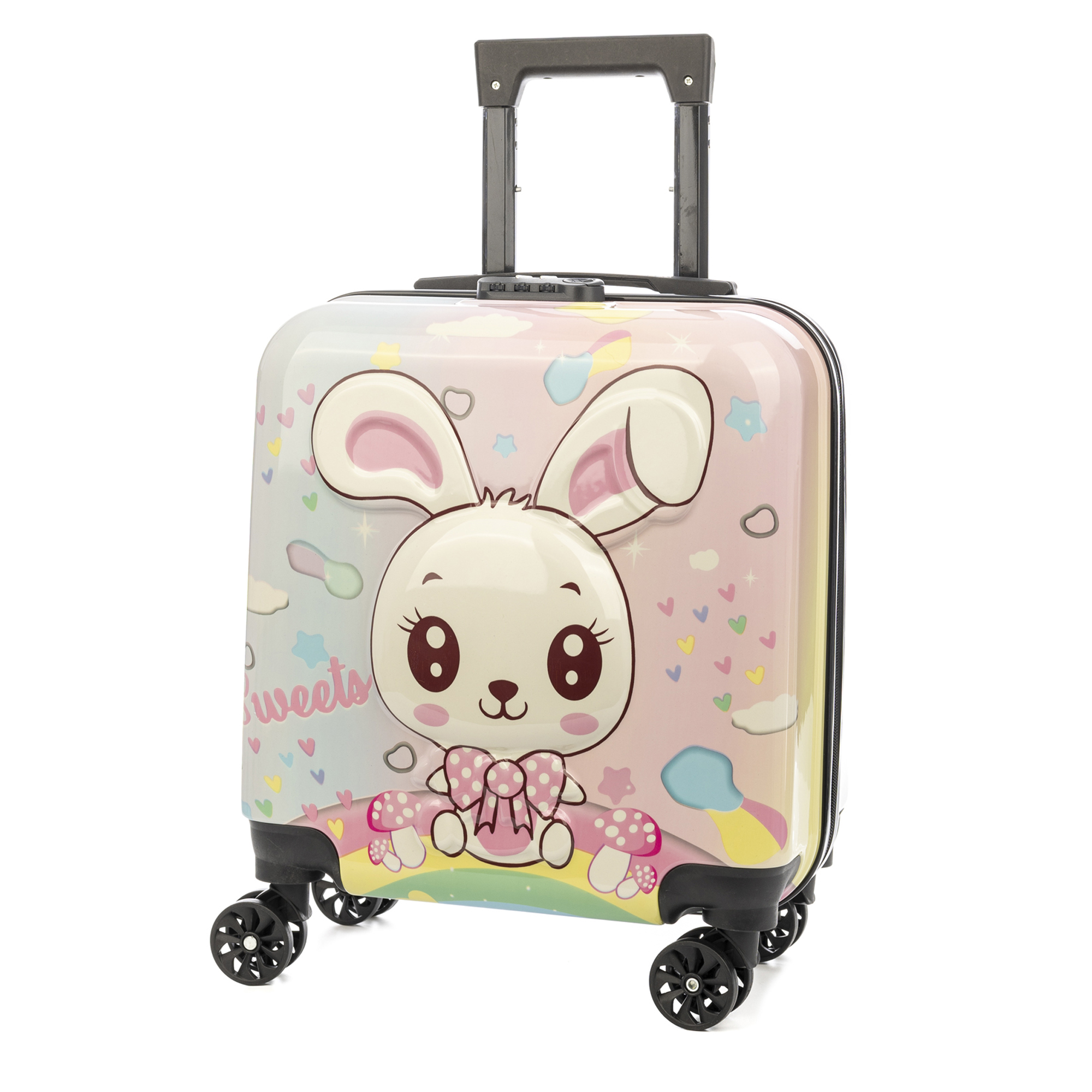 DAM Maleta trolley infantil en material ligero de ABS de alta resistencia. Cerradura numérica, 4 ruedas dobles giratorias 360°. 35x23x45 Cm.
