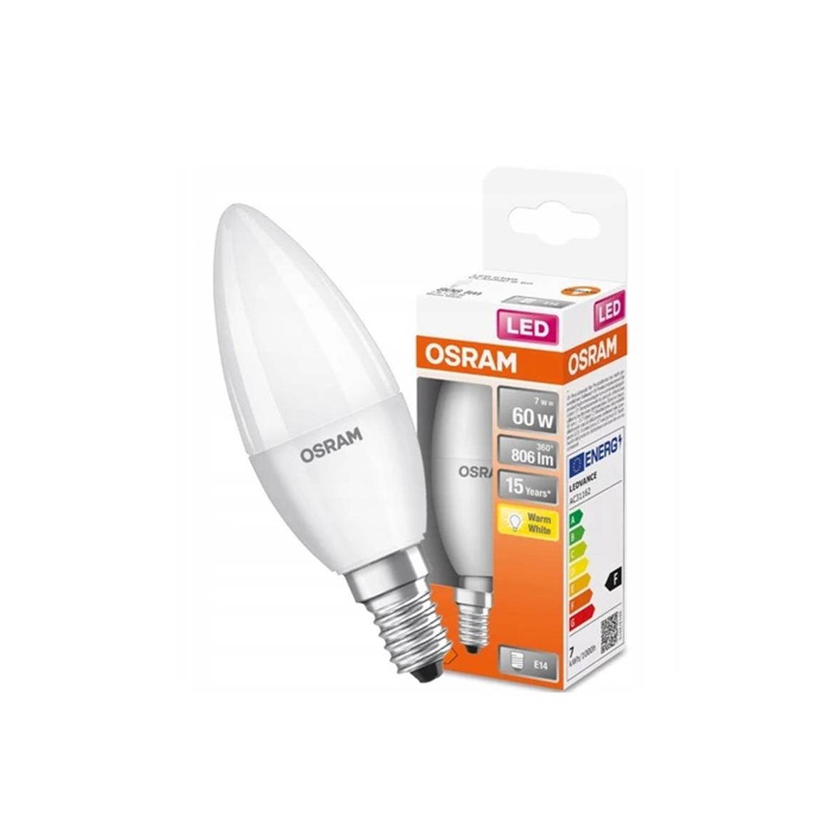 OSRAM - VELA LED 7W E-14 827 con forma clásica, 806 lm y 15.000 horas de duración para lámparas de mesita de noche, techo y apliques de pared interior