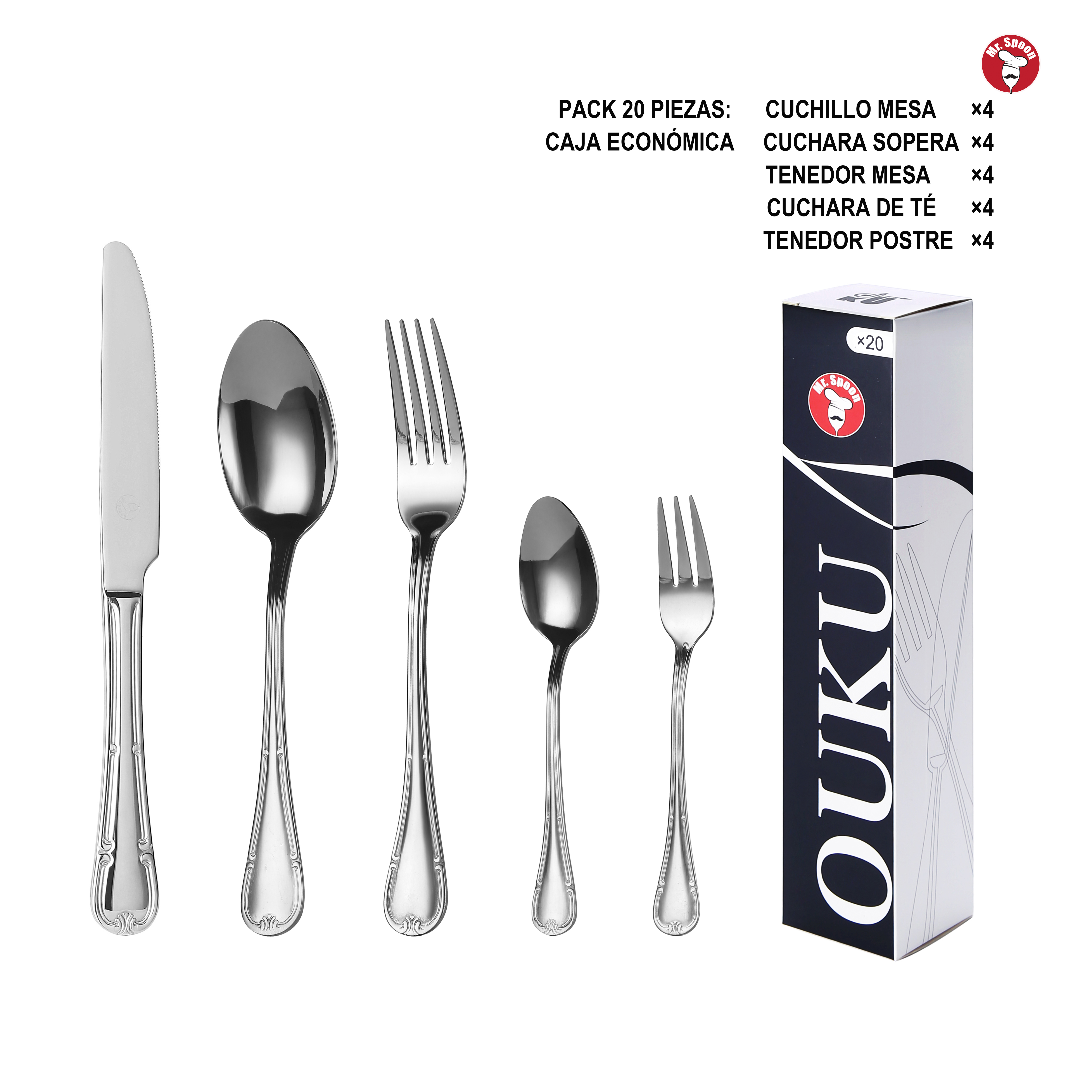 Mr.Spoon Serie Flores Juego 20, 30 o 36 piezas cubiertos,Acero Inoxidable18/0,Plateado,Económico y funcional,Incluye cuchillo carne o mesa,tenedor,cuchara,cucharilla,etc.Mango monobloque,Apto para lavavajillas,Empaque ecológico,Para casa,hotel,restaurante
