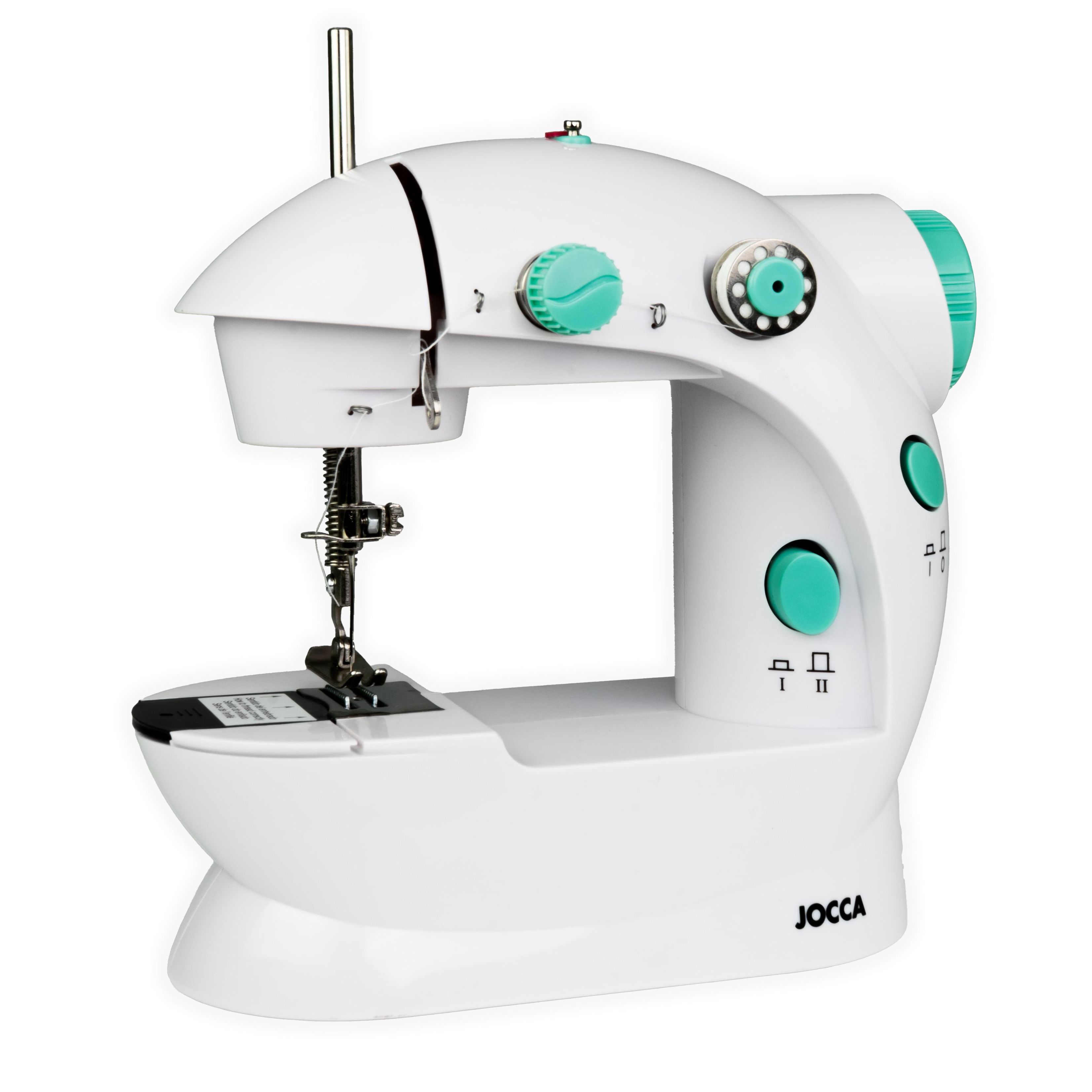 Máquina de coser portátil Jocca con doble puntada y puntada de refuerzo. Ligera y compacta. Incluye kit de costura de 48 accesorios. Funciona con pilas o adaptador. Pies antideslizantes. Ideal para arreglos y creaciones DIY. 6V DC. 20x19x10cm