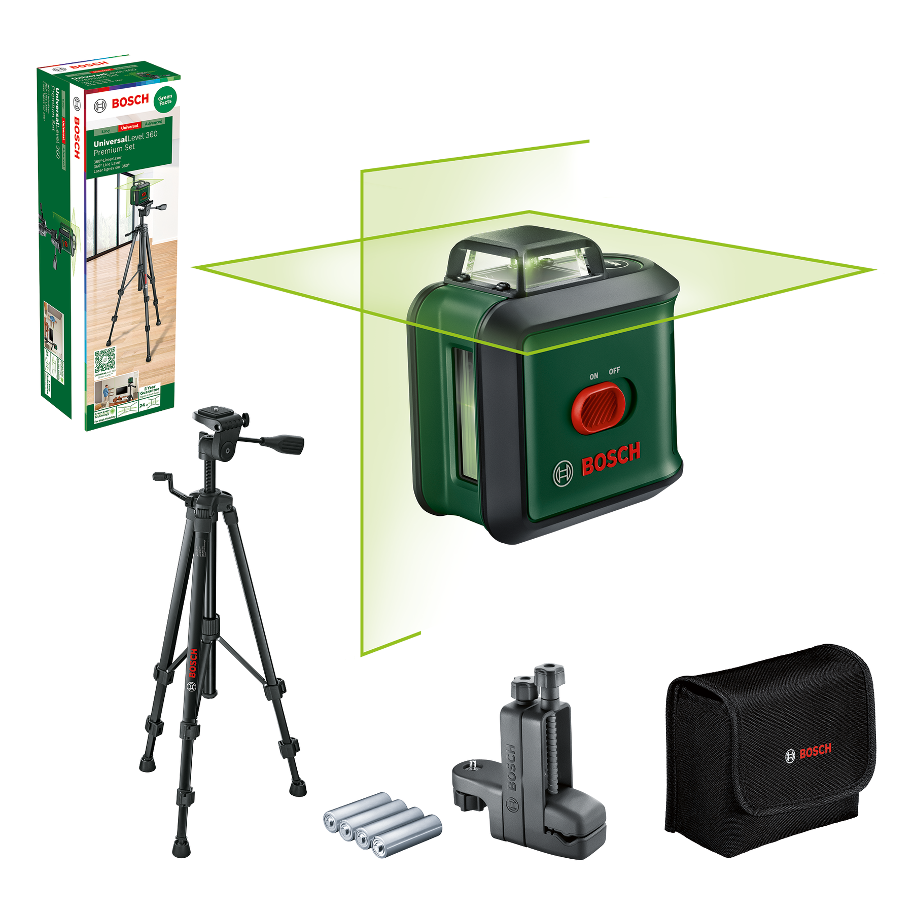 Bosch - Nivel Láser 360° Premium Set - UniversalLevel 360 - Línea Horizontal 360° y Vertical, diámetro trabajo 24 m, con Trípode TT150, abrazadera universal MM 3, 4 pilas 1,5V LR6 (AA) y bolsa de almacenamiento