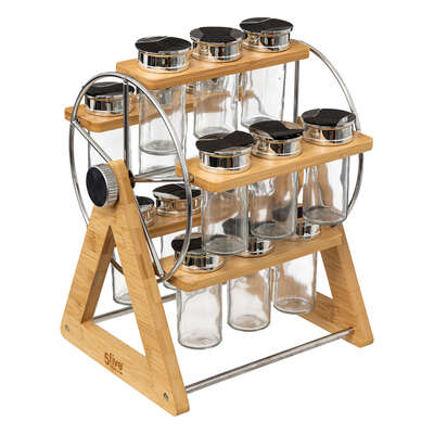 Soporte de bambú en forma de rueda con 5 botes de especias de cristal