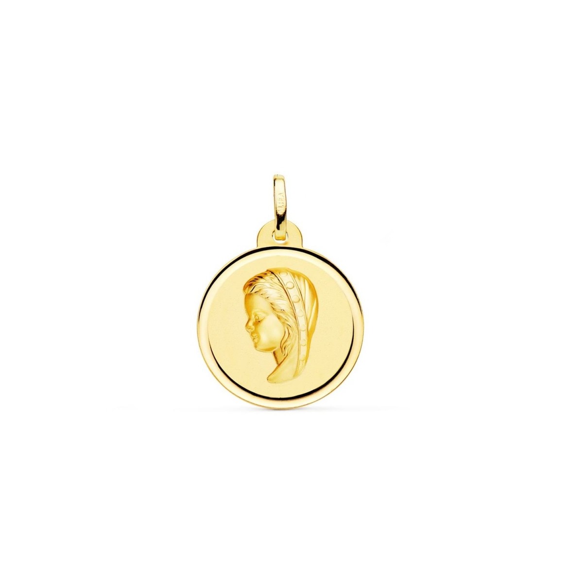 Virgen Niña medalla oro 18k Primera Comunión colgante 16 mm. bisel liso