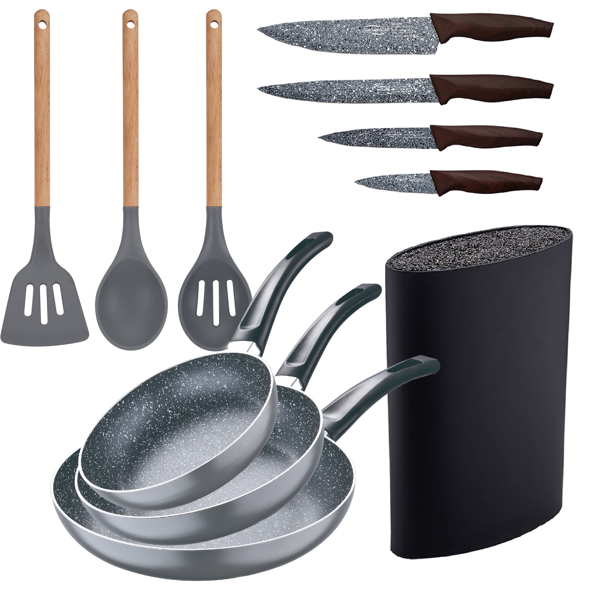 Set 3pc sarten (16+20+24cm) aluminio prensado, inducción, azul navy paradise con Set 3pc utensilios de cocina silicona madera