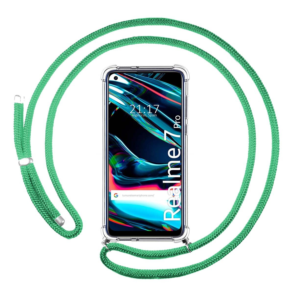 Tumundosmartphone Funda Colgante Transparente para Realme 7 Pro con Cordon Verde Agua