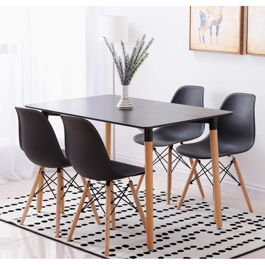 ORION91 Conjunto Mesa 110x80x76cm + 4 Sillas ORION91 Polipropileno Color Negro 🖤 y Patas en Madera Haya 46,5 x 48 x 82 cm Comedor Oficina Salón Teletrabajo Cocina – SpazioLuzio