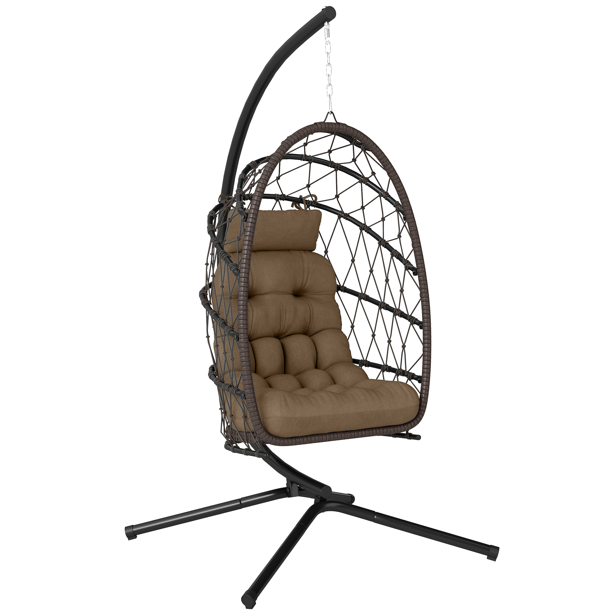 Outsunny Silla Colgante Huevo con Soporte, Columpio Jardín Exterior con Cesta Plegable de Ratán, Cojín Grueso, Reposacabezas, Cuerda para Interior y Exterior, Carga 120 kg, Marrón