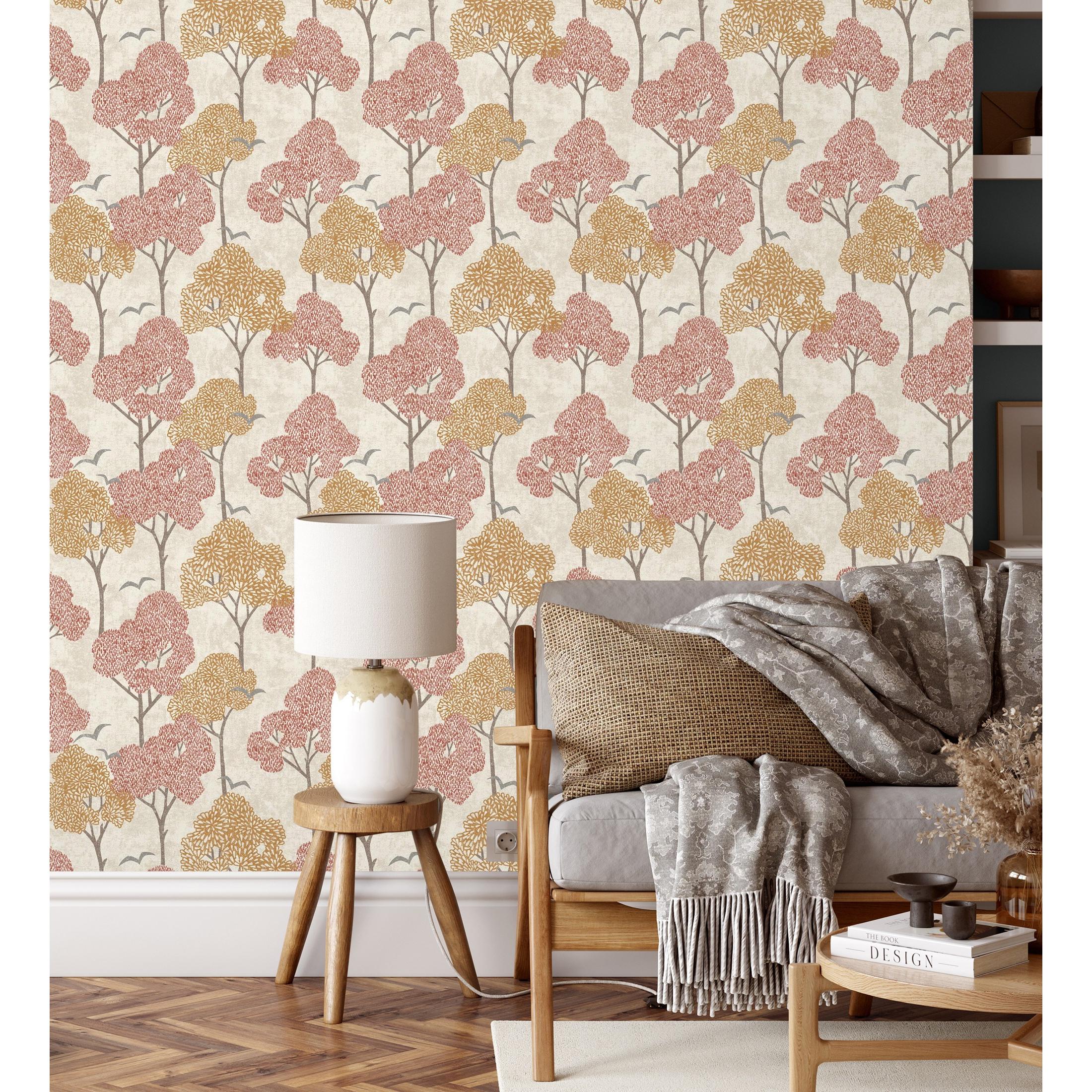 Papel pintado vinílico ecológico de árboles color coral y pájaros con efecto texturizado - Central Park 682081 de GAULAN - Rollo de 10 m x 0,52 m