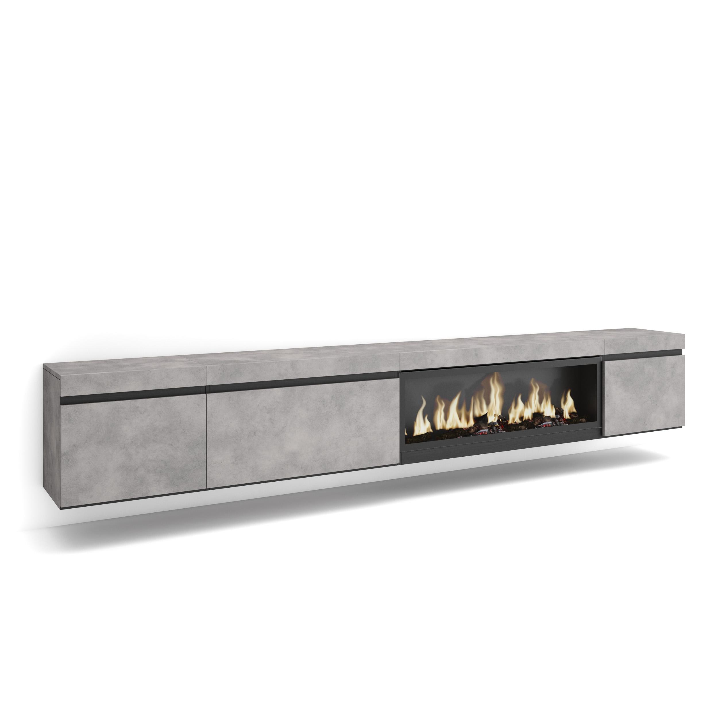 Skraut Home, Mueble TV con tres puertas, 288x35x45cm, Chimenea eléctrica XXL led efecto fuego 3d, Colgado, Suspendido